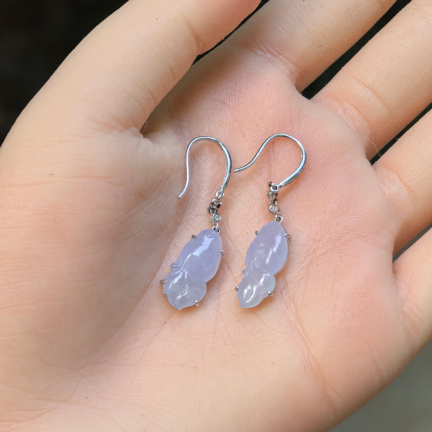Natural Grade-A Jadeite Glutinous Icy Lavender Fish Earrings in 18K Gold · Burmese Jade