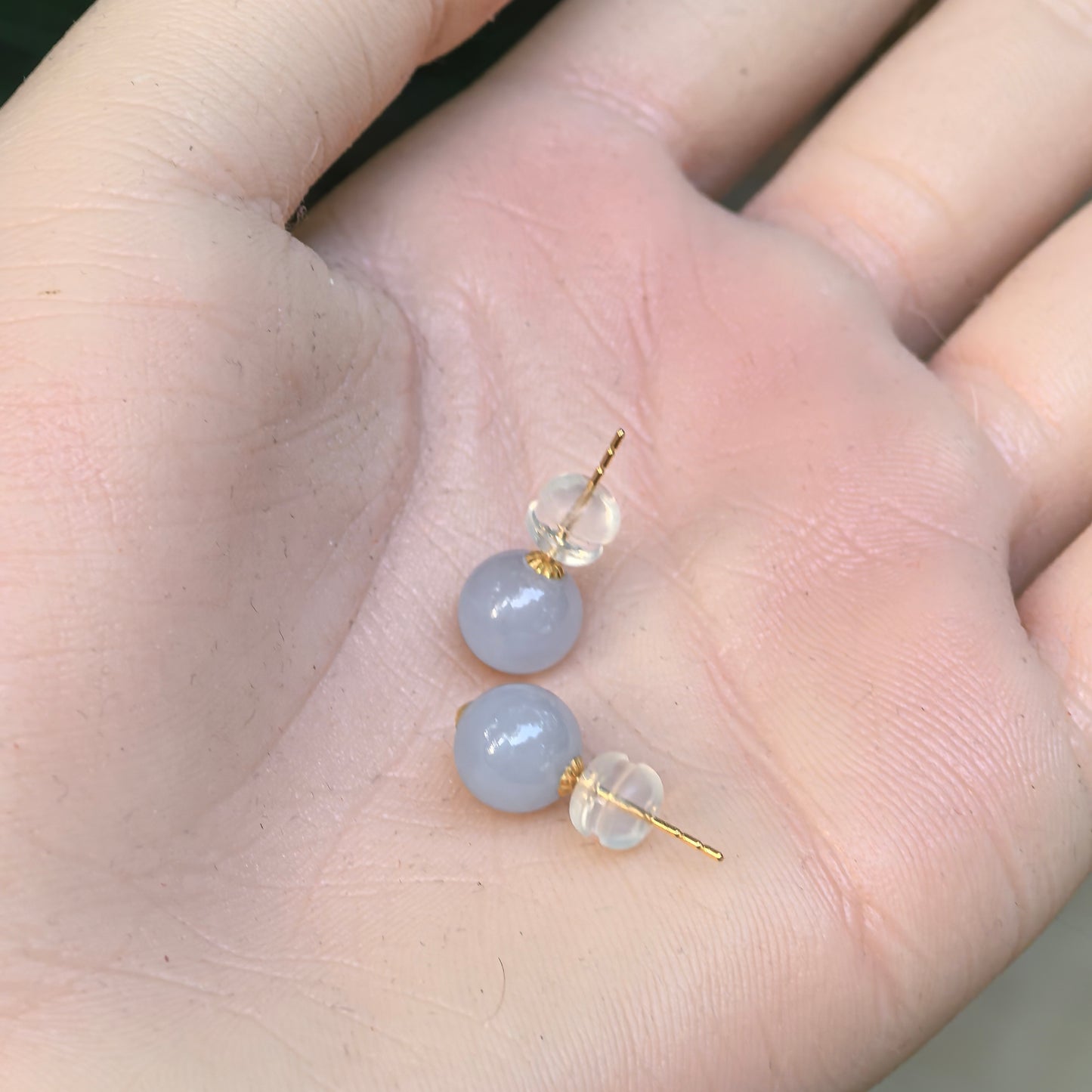 Natural Grade-A Jadeite Glutinous Icy Lavender Bead Stud Earrings in 18K Gold · Burmese Jade