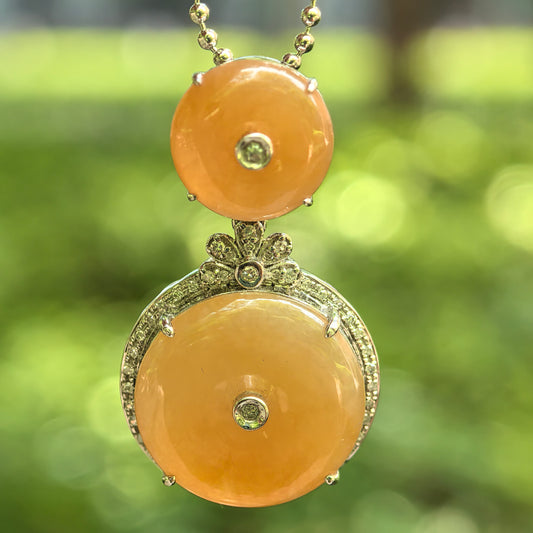 Natural Grade-A Jadeite Yellow Double Peace Pendant in 18K Gold · Burmese Jade
