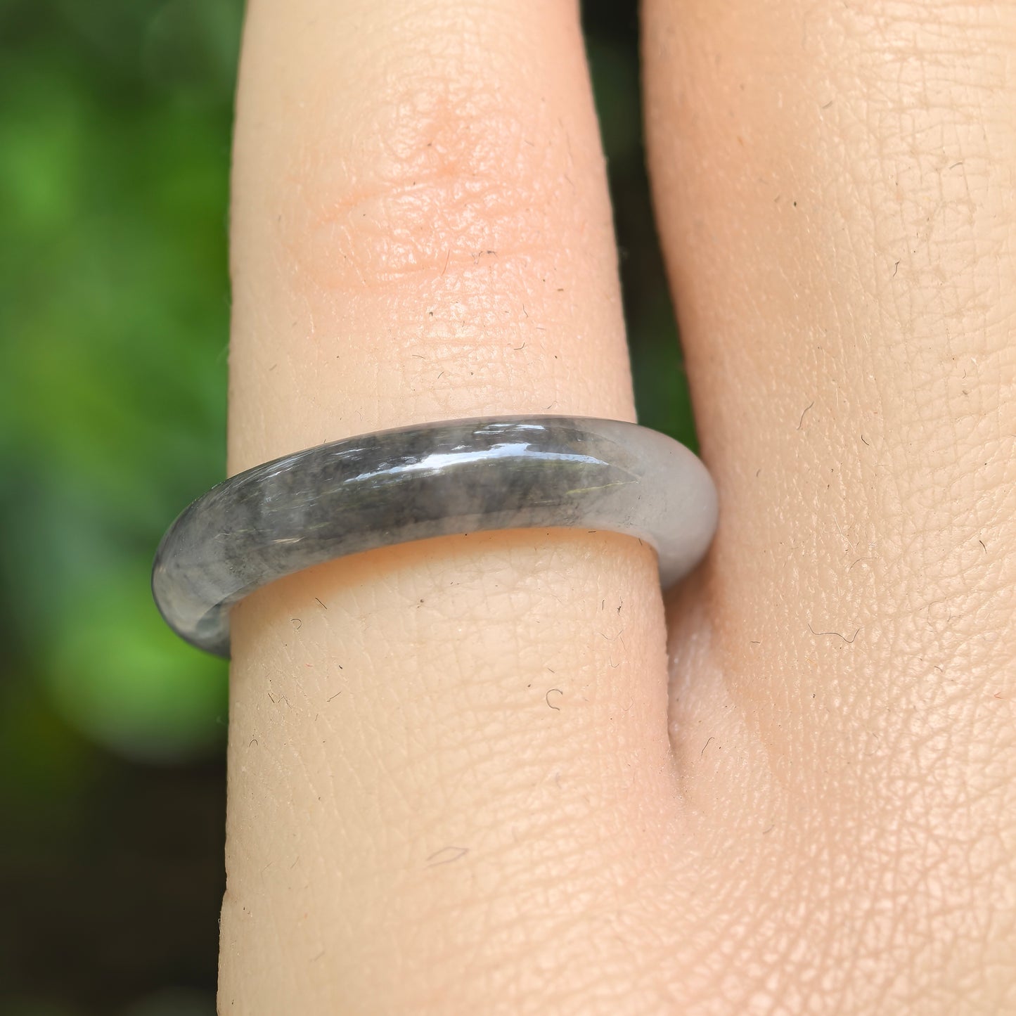 Natural Grade-A Jadeite Glutinous Icy Black Ring Band · Burmese Jade US5