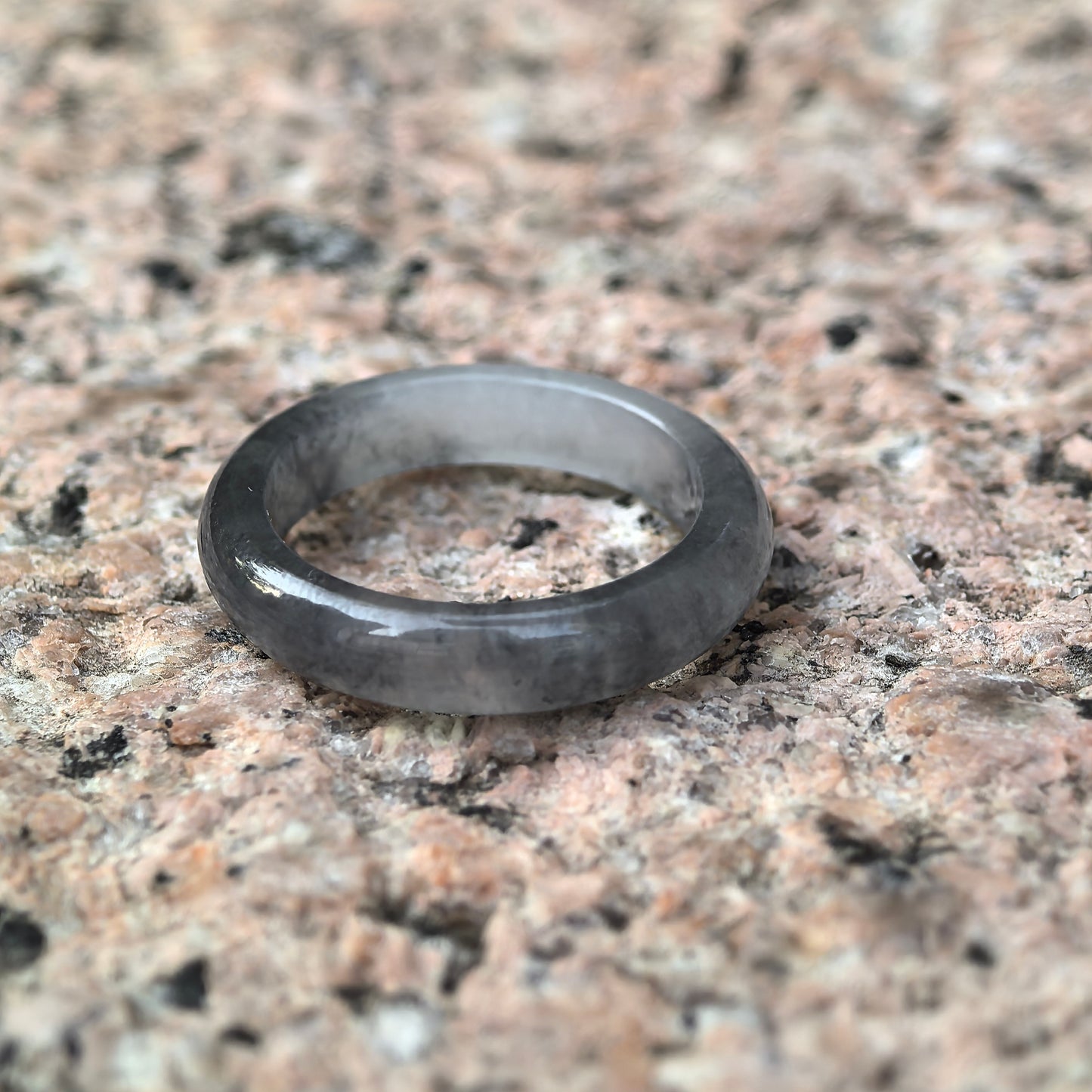 Natural Grade-A Jadeite Glutinous Icy Black Ring Band · Burmese Jade US5
