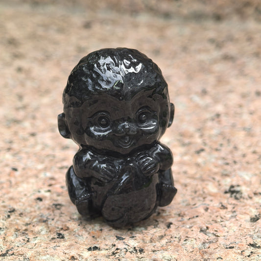 Natural Grade-A Jadeite Black Peach-Holding Monkey Figurine · Burmese Jade