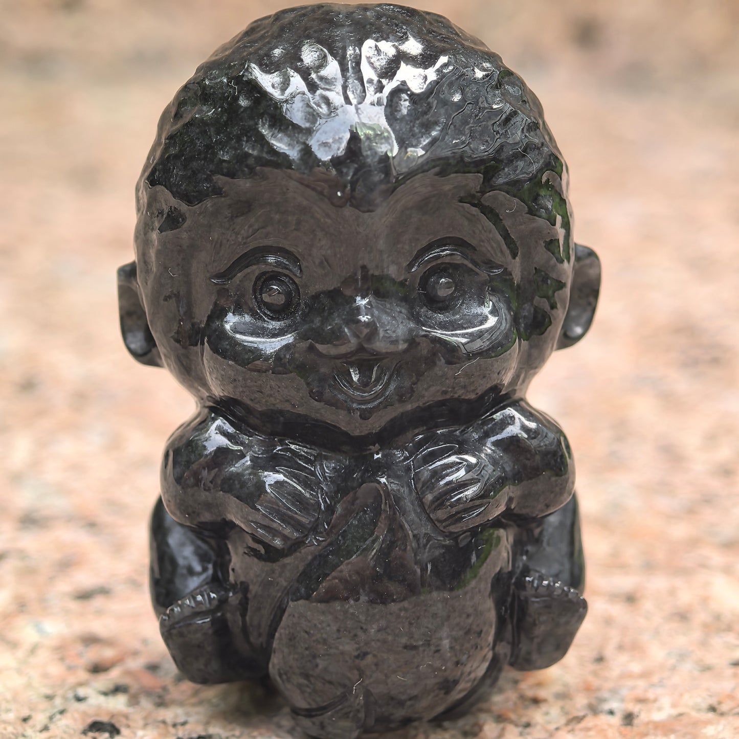 Natural Grade-A Jadeite Black Peach-Holding Monkey Figurine · Burmese Jade
