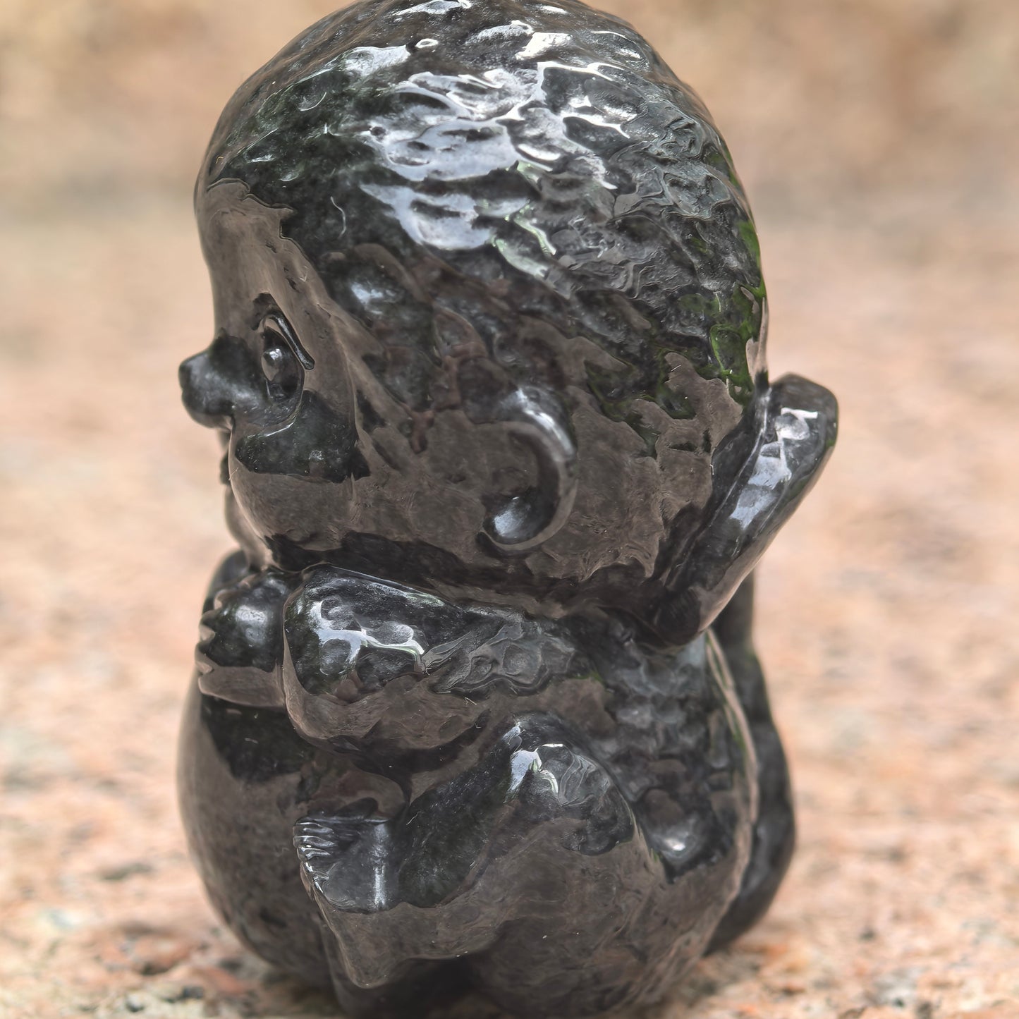 Natural Grade-A Jadeite Black Peach-Holding Monkey Figurine · Burmese Jade