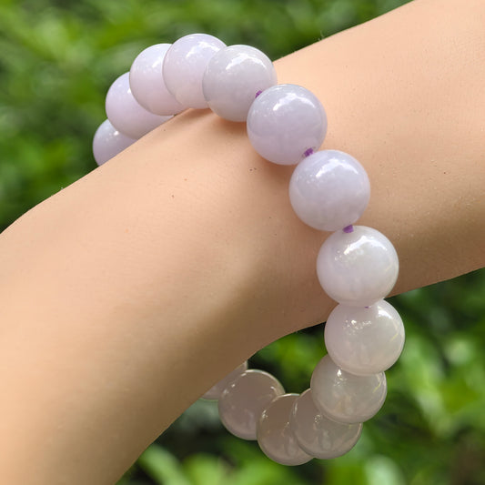 Natural Grade-A Jadeite Glutinous Pale Lavender Bead Bracelet · Burmese Jade 12mm