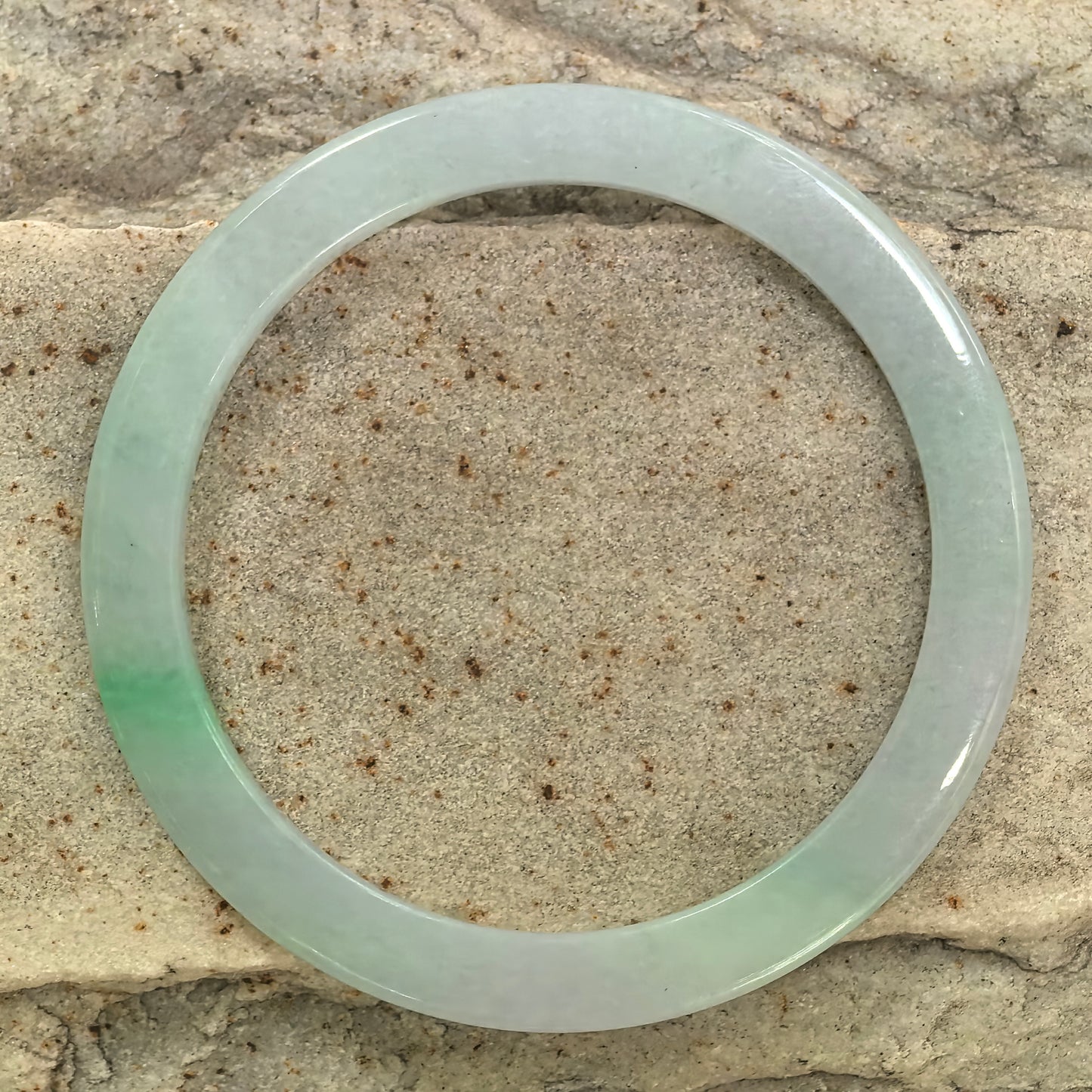 Natural Grade-A Glutinous Icy Light Green Jadeite Slim Flat Bangle with Green Streak · Burmese Jade 55mm