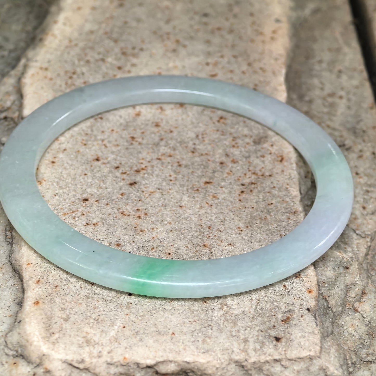 Natural Grade-A Glutinous Icy Light Green Jadeite Slim Flat Bangle with Green Streak · Burmese Jade 55mm