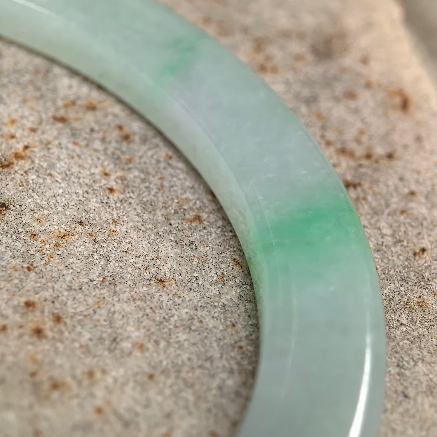 Natural Grade-A Glutinous Icy Light Green Jadeite Slim Flat Bangle with Green Streak · Burmese Jade 55mm