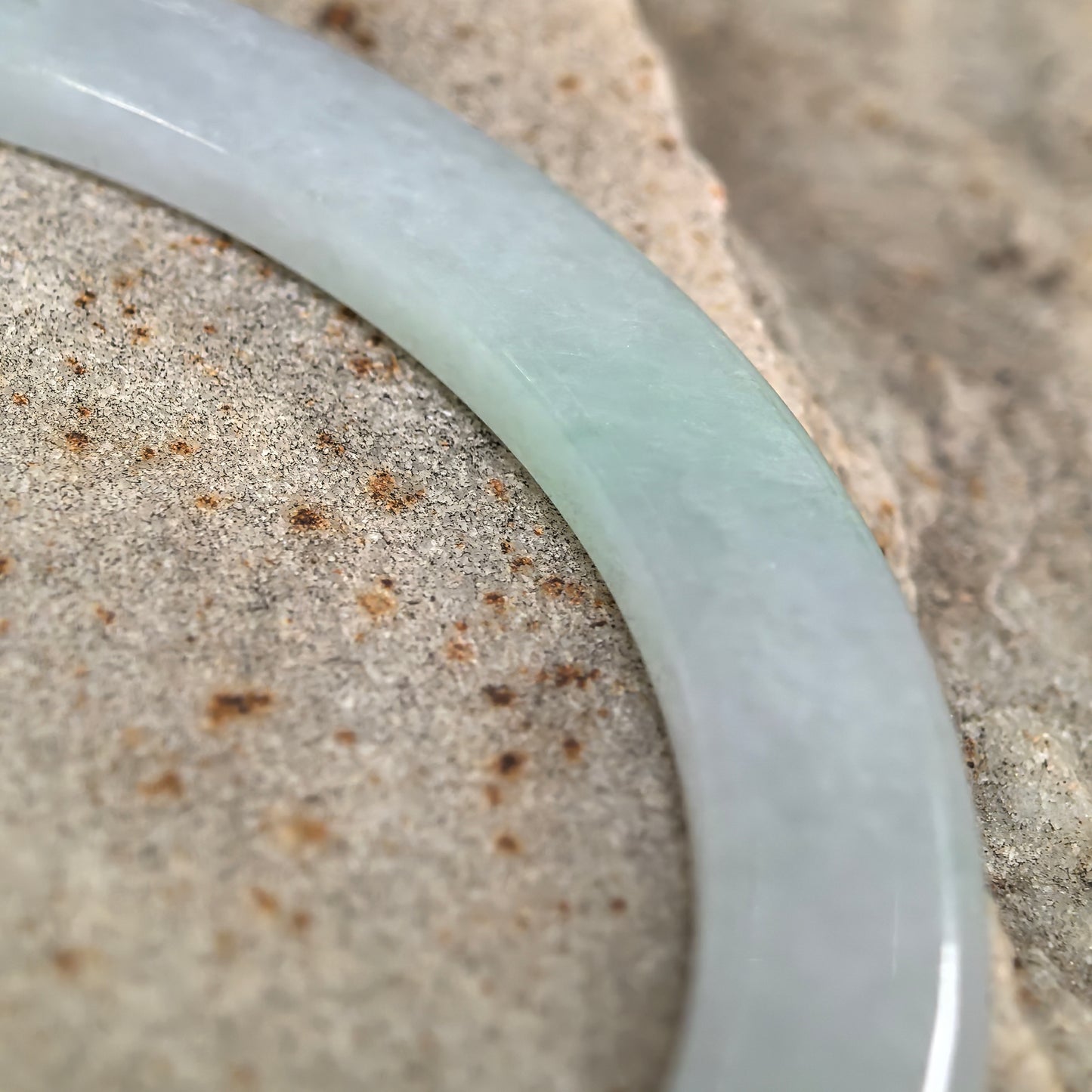 Natural Grade-A Glutinous Icy Light Green Jadeite Slim Flat Bangle with Green Streak · Burmese Jade 55mm