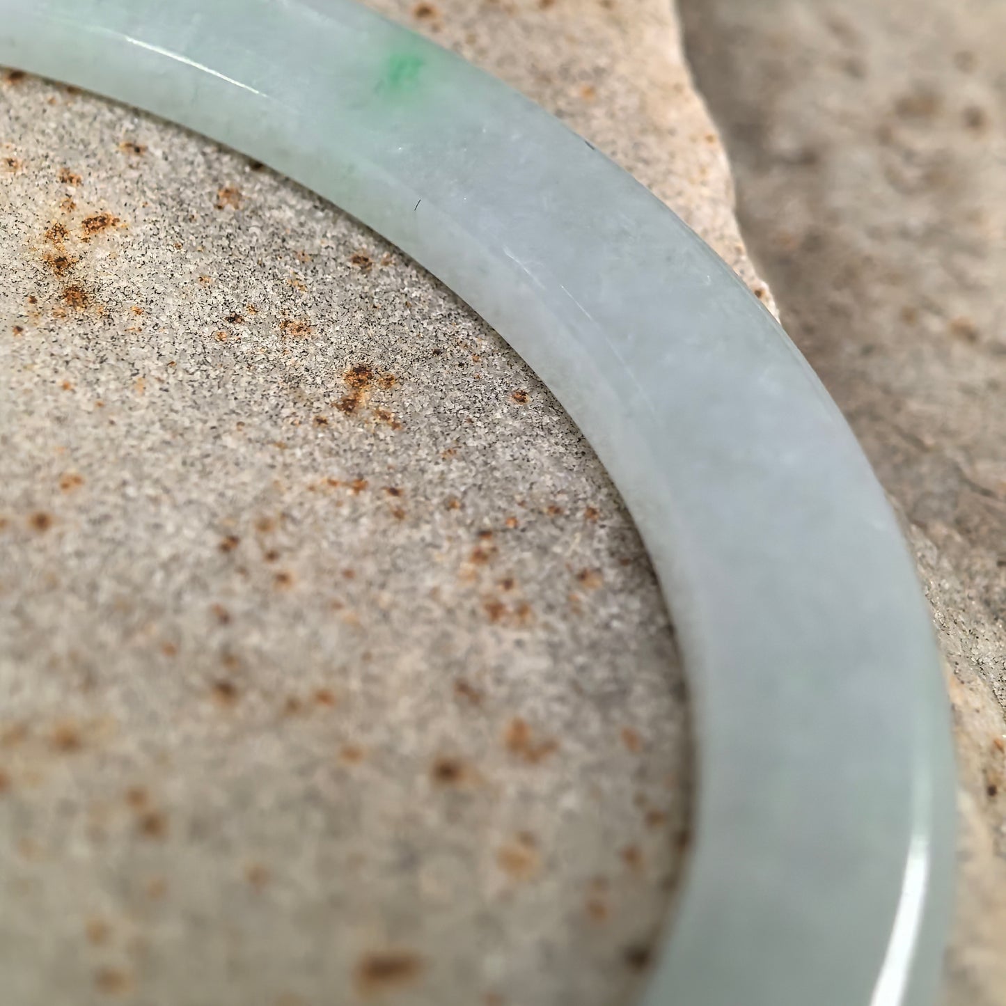 Natural Grade-A Glutinous Icy Light Green Jadeite Slim Flat Bangle with Green Streak · Burmese Jade 55mm