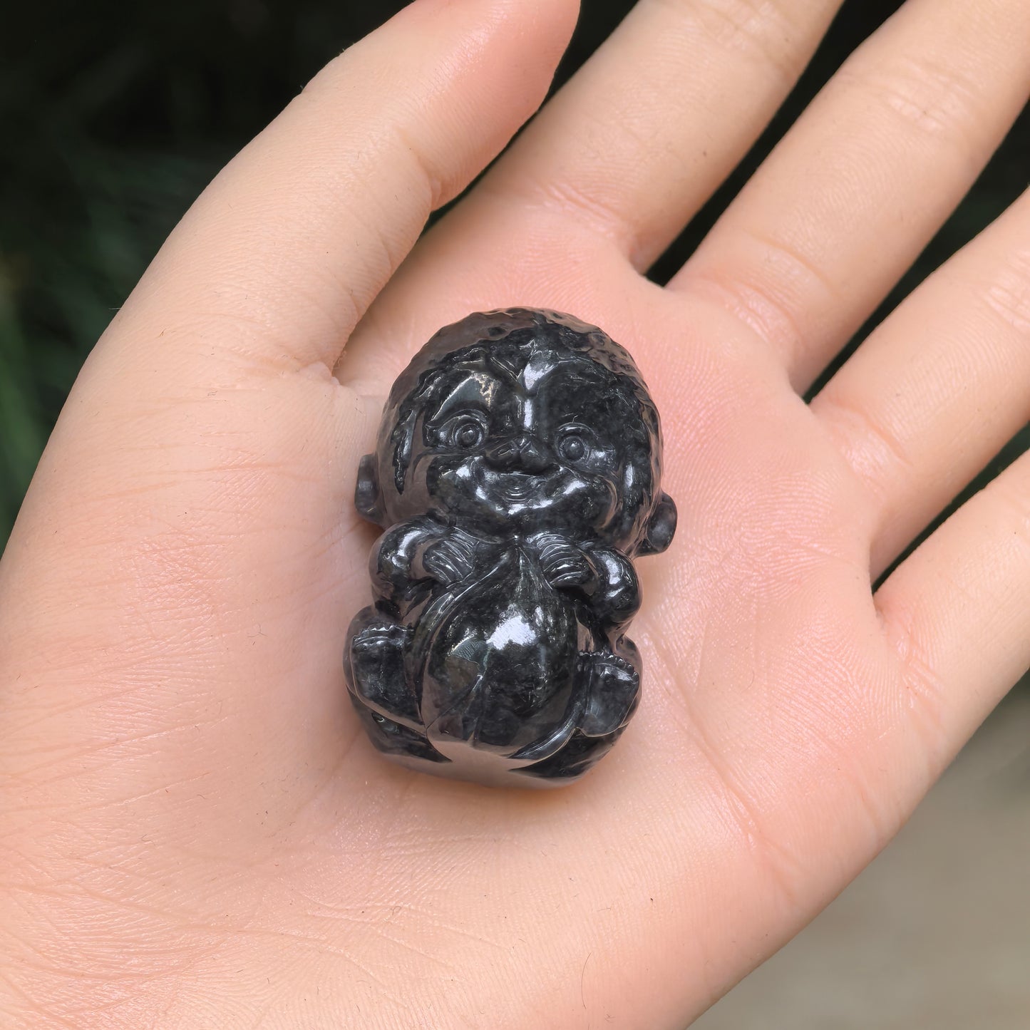 Natural Grade-A Jadeite Black Peach-Holding Monkey Figurine · Burmese Jade