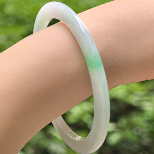 Natural Grade-A Glutinous Icy Light Green Jadeite Slim Flat Bangle with Green Streak · Burmese Jade 55mm