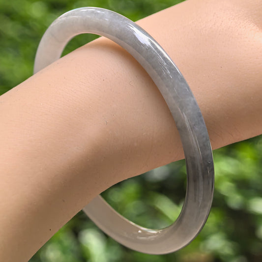 Natural Grade-A Jadeite Glutinous Icy Grey Black Slim Round Bangle · Burmese Jade 61mm