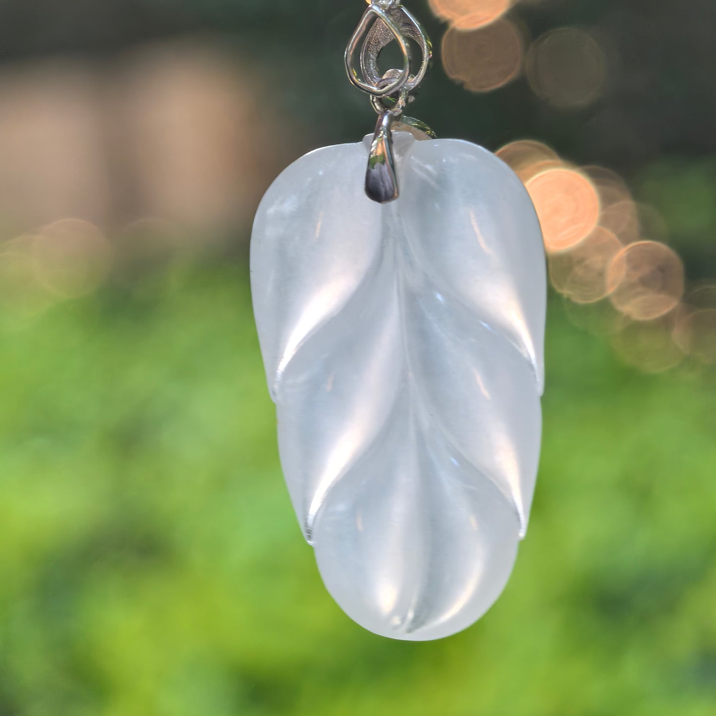 Natural Grade-A Icy White Jadeite Leaf Pendant with 18K Gold · Burmese Jade