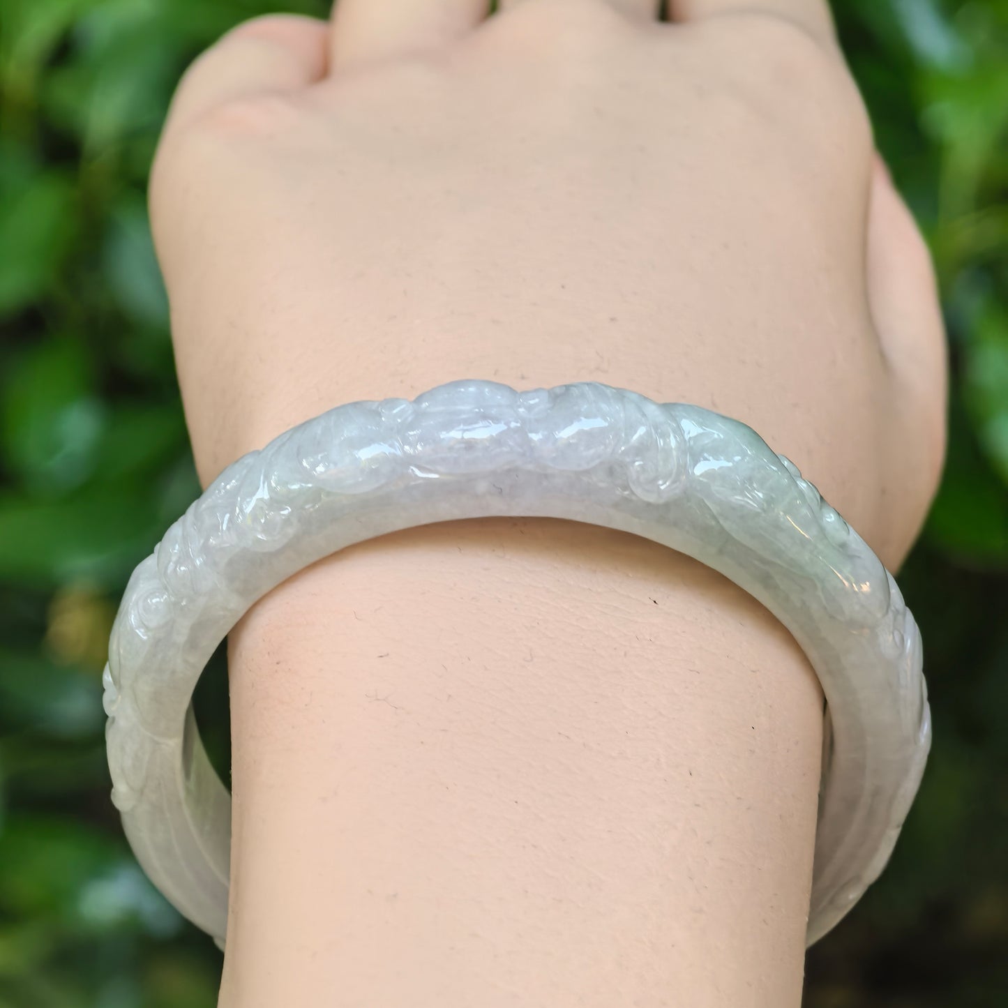 Natural Grade-A Jadeite Carved Bat Motif D-Shape Bangle · Burmese Jade 53mm