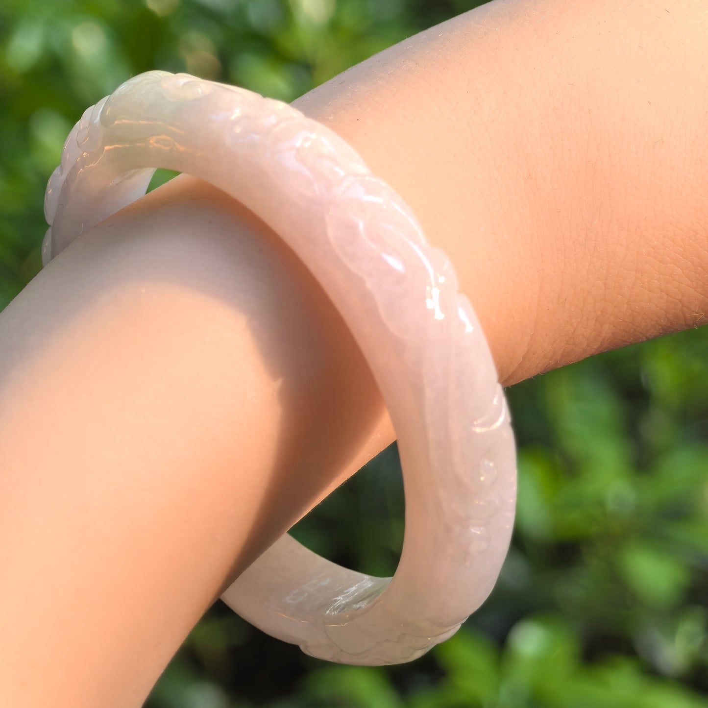 Natural Grade-A Jadeite Carved Bat Motif D-Shape Bangle · Burmese Jade 53mm