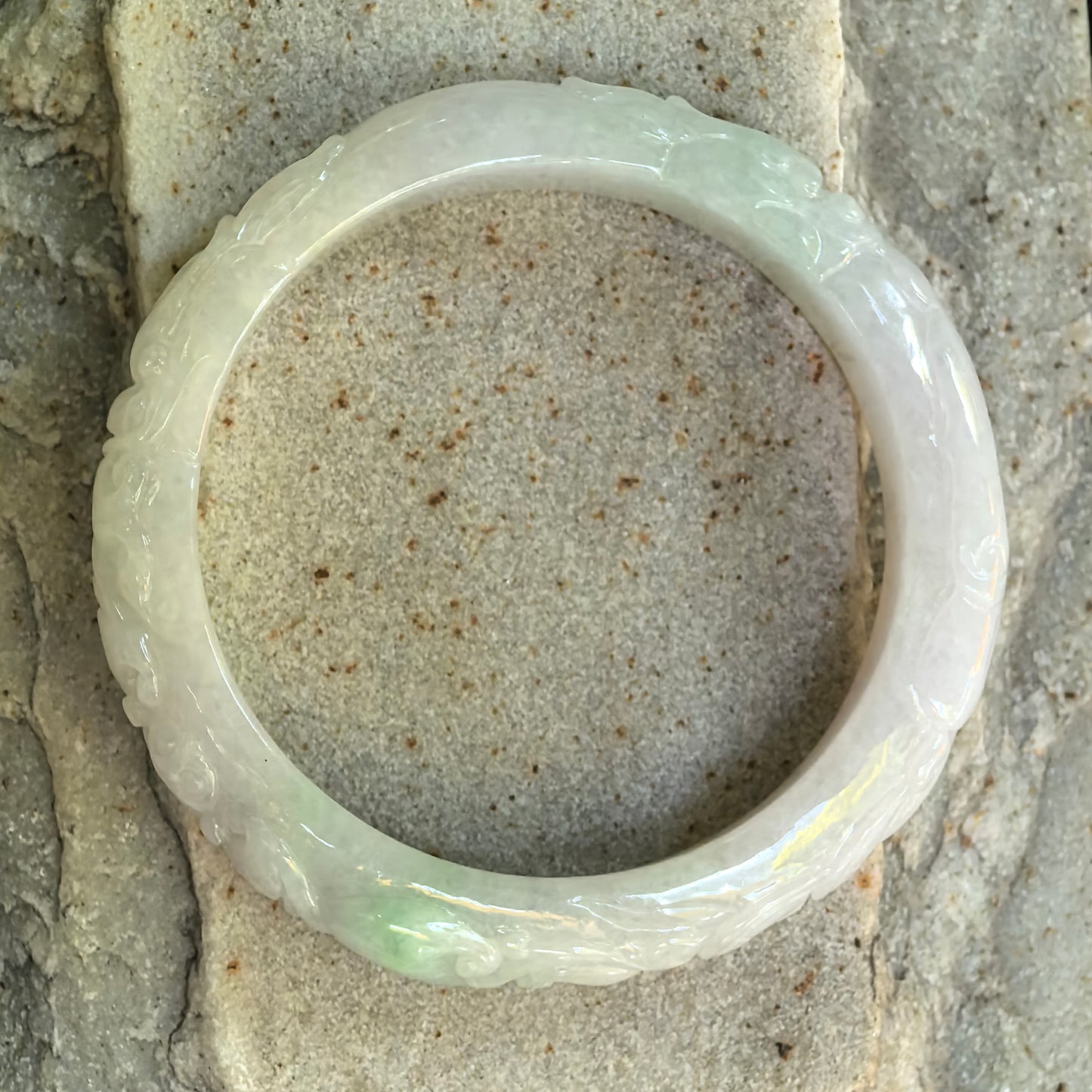 Natural Grade-A Jadeite Carved Bat Motif D-Shape Bangle · Burmese Jade 53mm