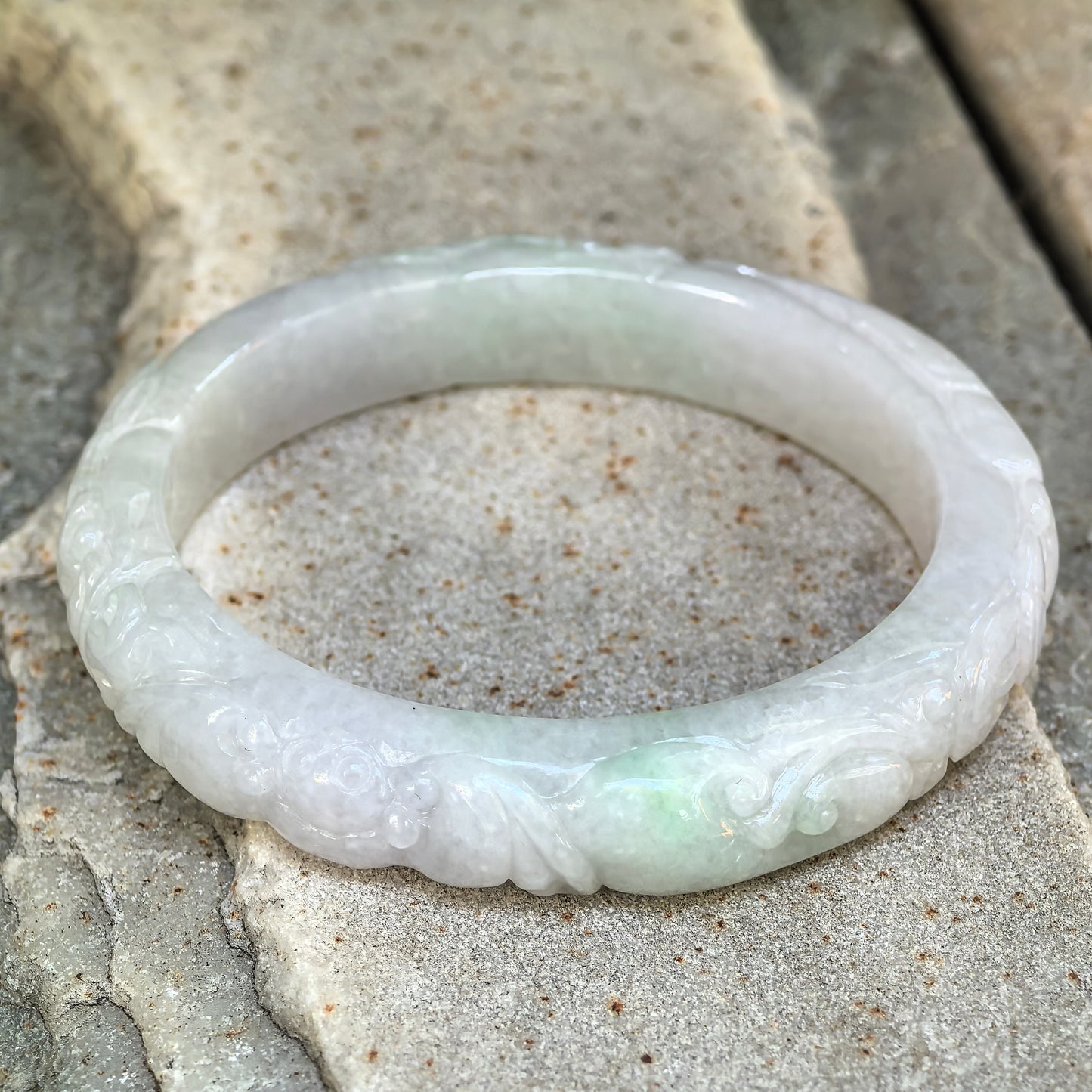 Natural Grade-A Jadeite Carved Bat Motif D-Shape Bangle · Burmese Jade 53mm