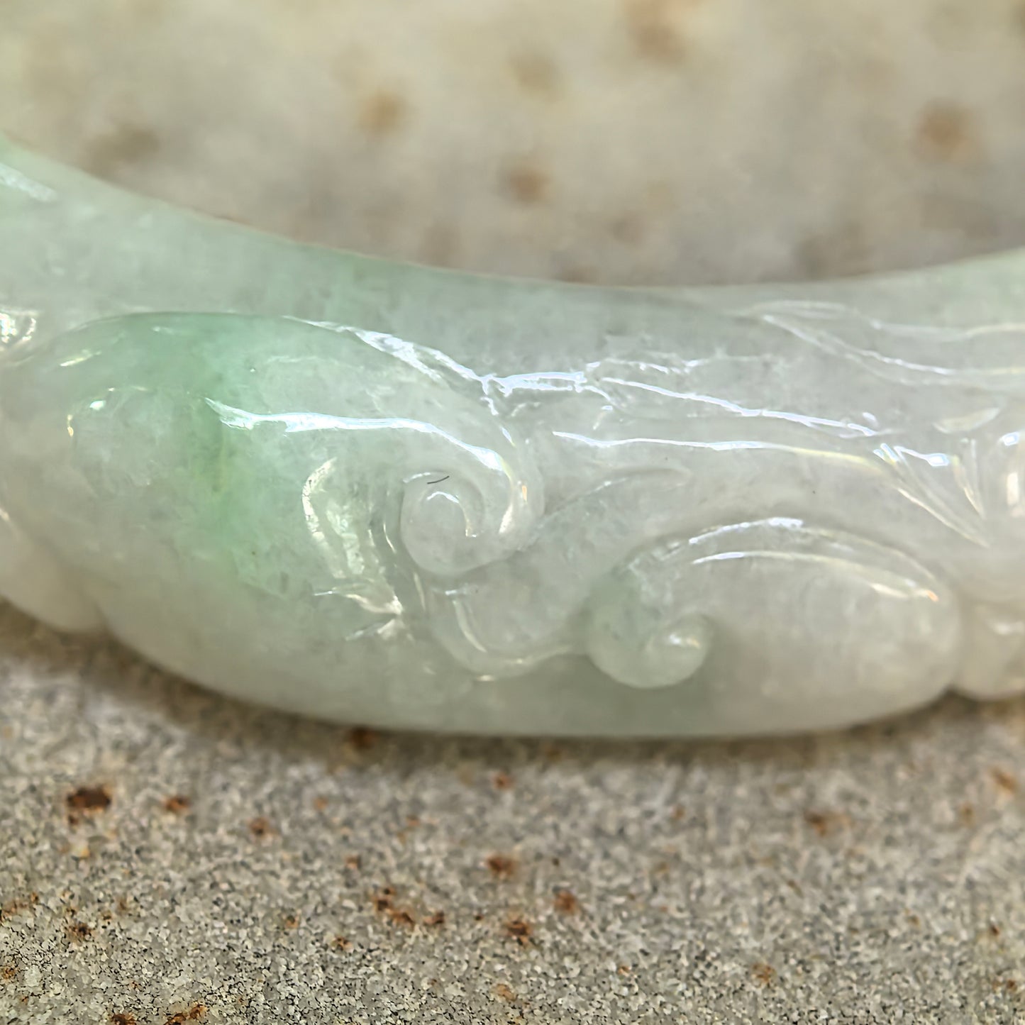 Natural Grade-A Jadeite Carved Bat Motif D-Shape Bangle · Burmese Jade 53mm