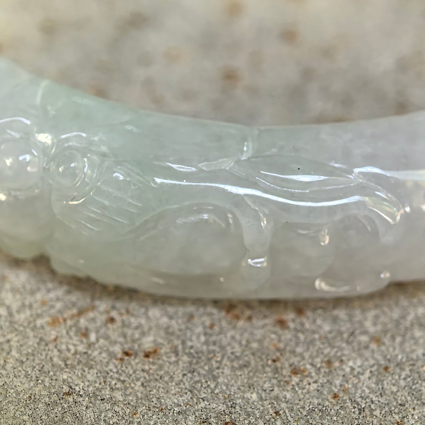 Natural Grade-A Jadeite Carved Bat Motif D-Shape Bangle · Burmese Jade 53mm