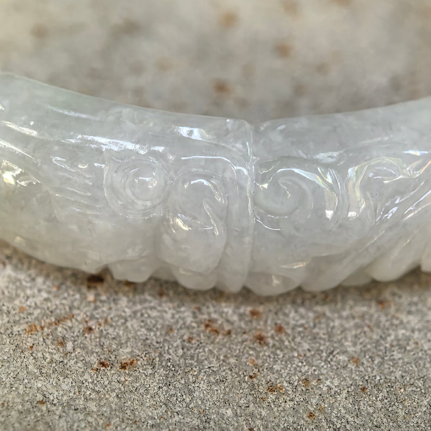 Natural Grade-A Jadeite Carved Bat Motif D-Shape Bangle · Burmese Jade 53mm