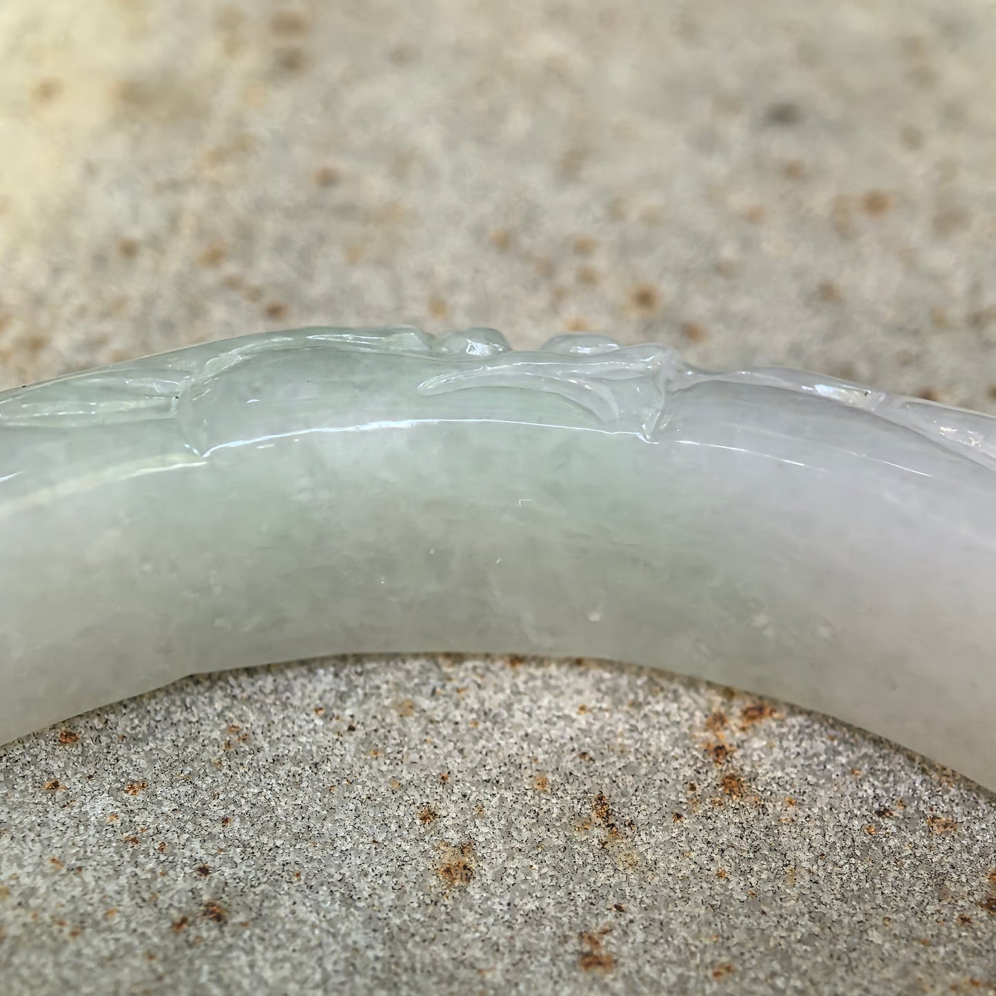 Natural Grade-A Jadeite Carved Bat Motif D-Shape Bangle · Burmese Jade 53mm