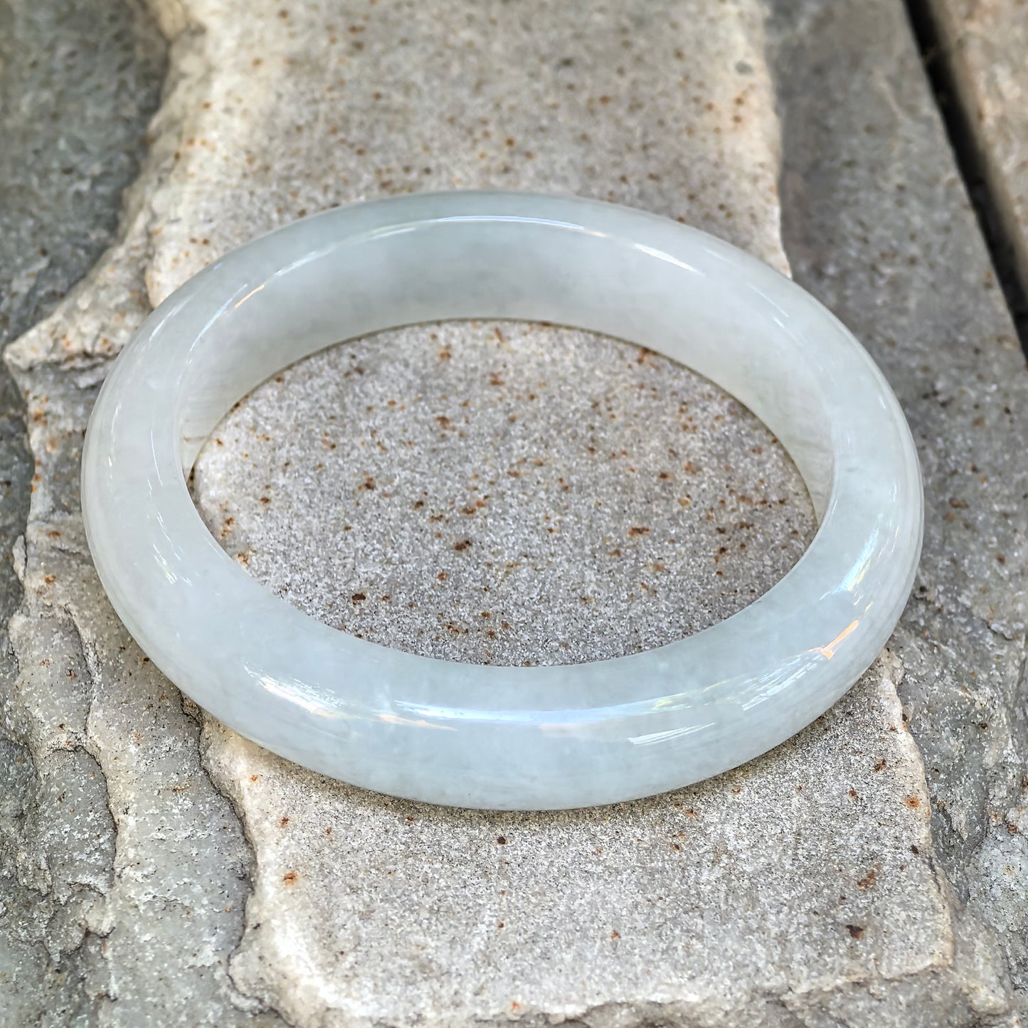 Natural Grade-A Jadeite Glutinous Icy White Classic D-shape Bangle · Burmese Jade 53mm