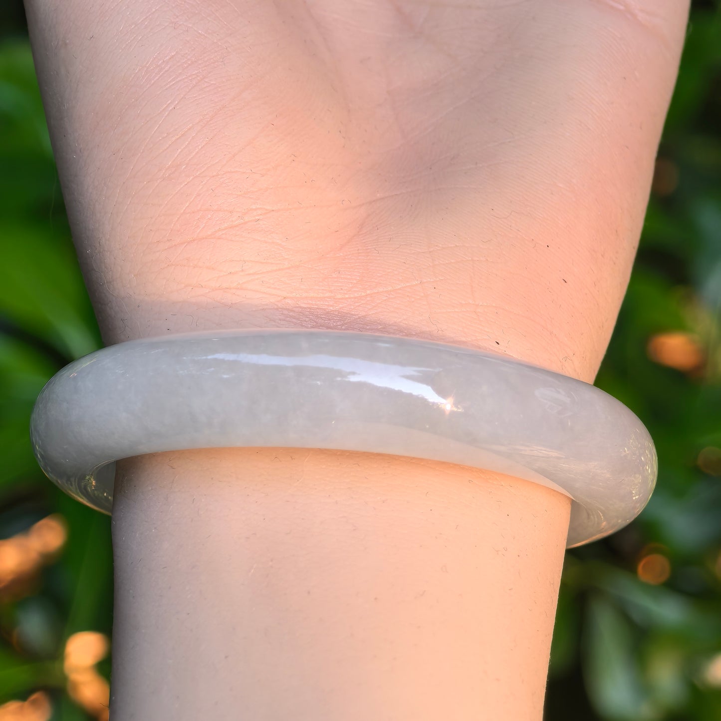 Natural Grade-A Jadeite Glutinous Icy White Classic D-shape Bangle · Burmese Jade 53mm