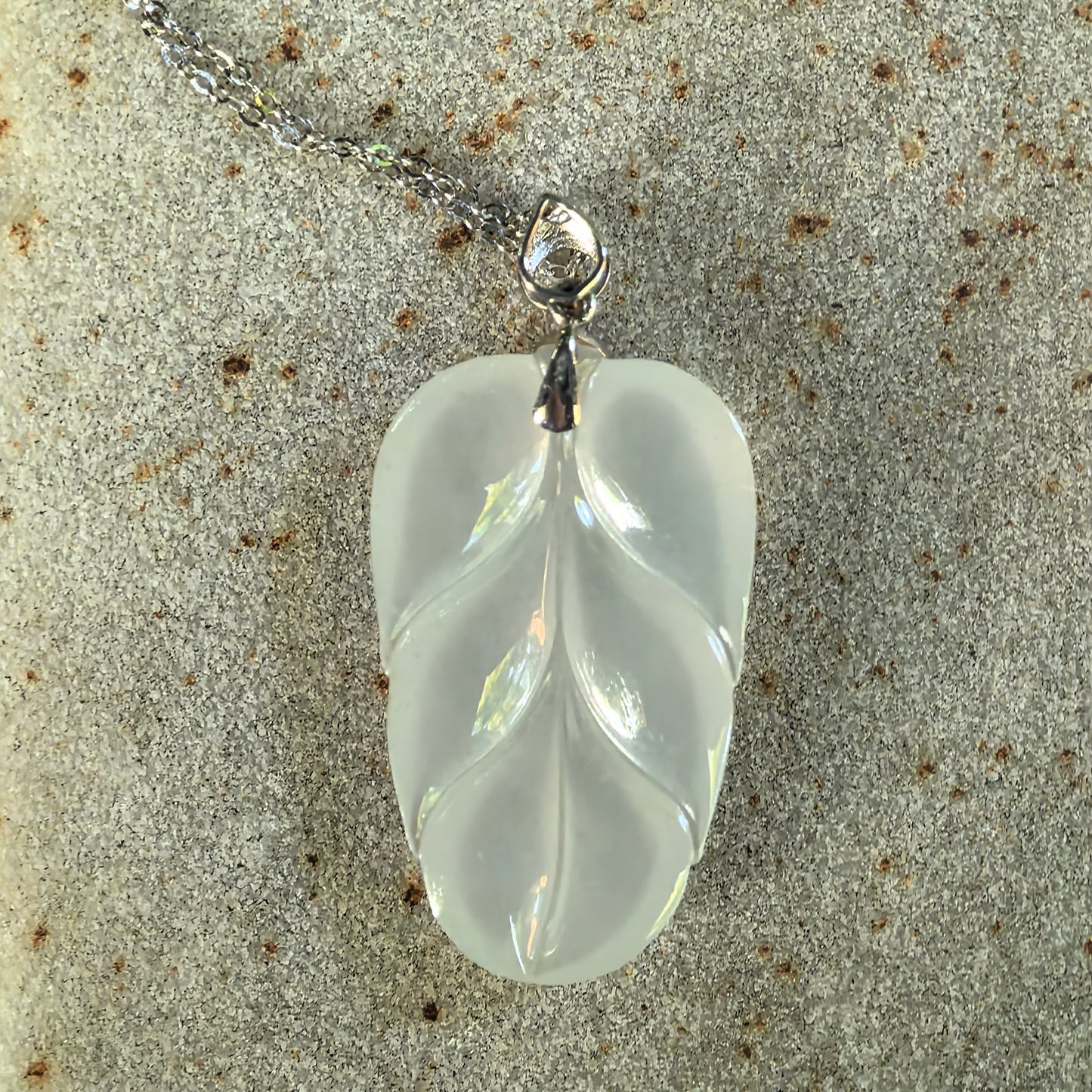 Natural Grade-A Icy White Jadeite Leaf Pendant with 18K Gold · Burmese Jade