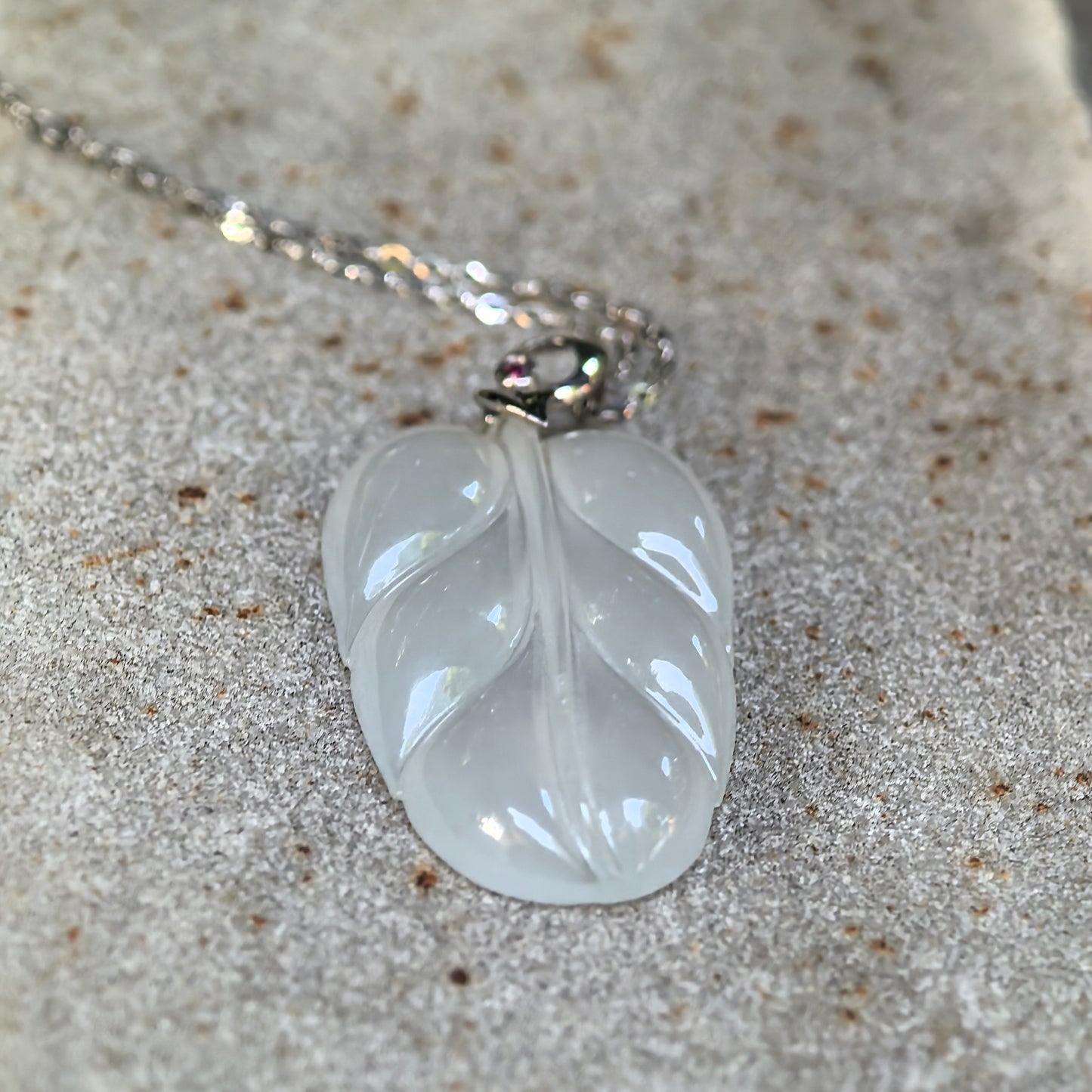 Natural Grade-A Icy White Jadeite Leaf Pendant with 18K Gold · Burmese Jade