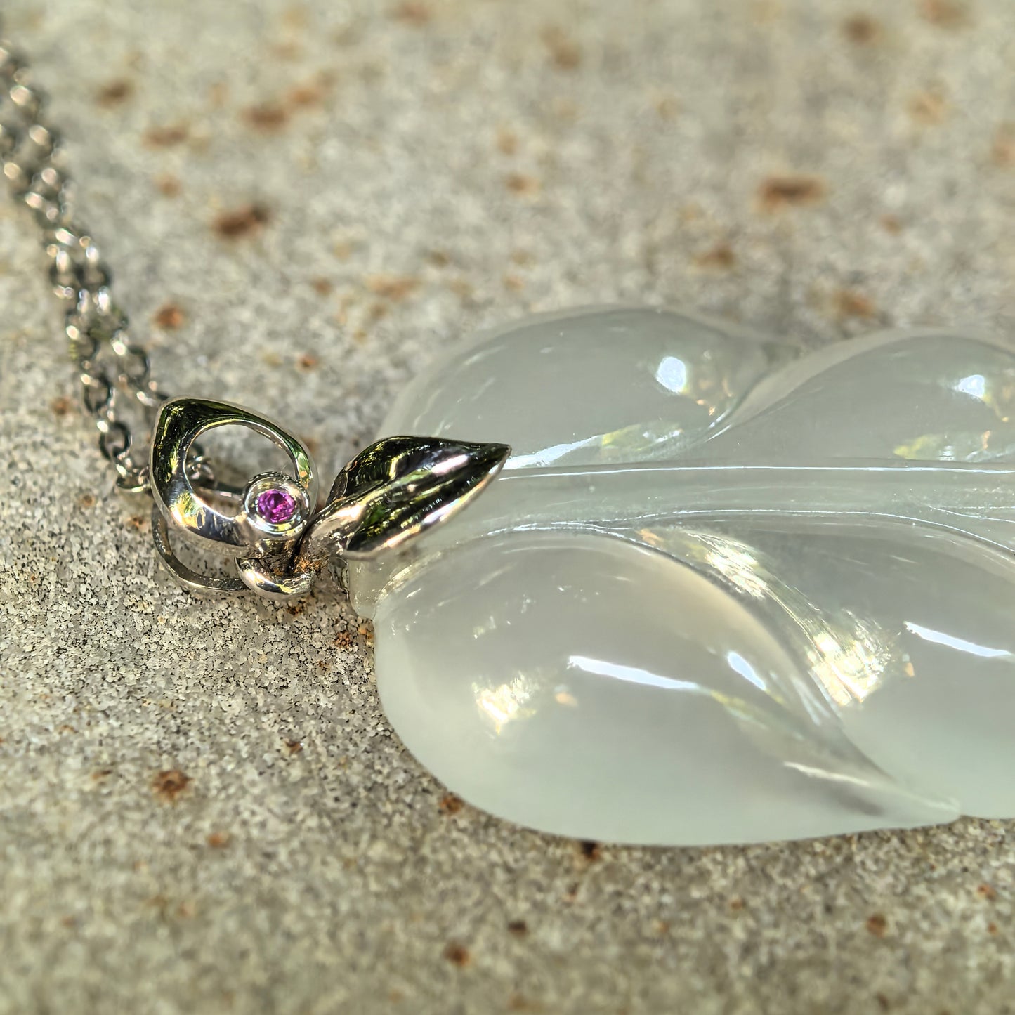 Natural Grade-A Icy White Jadeite Leaf Pendant with 18K Gold · Burmese Jade