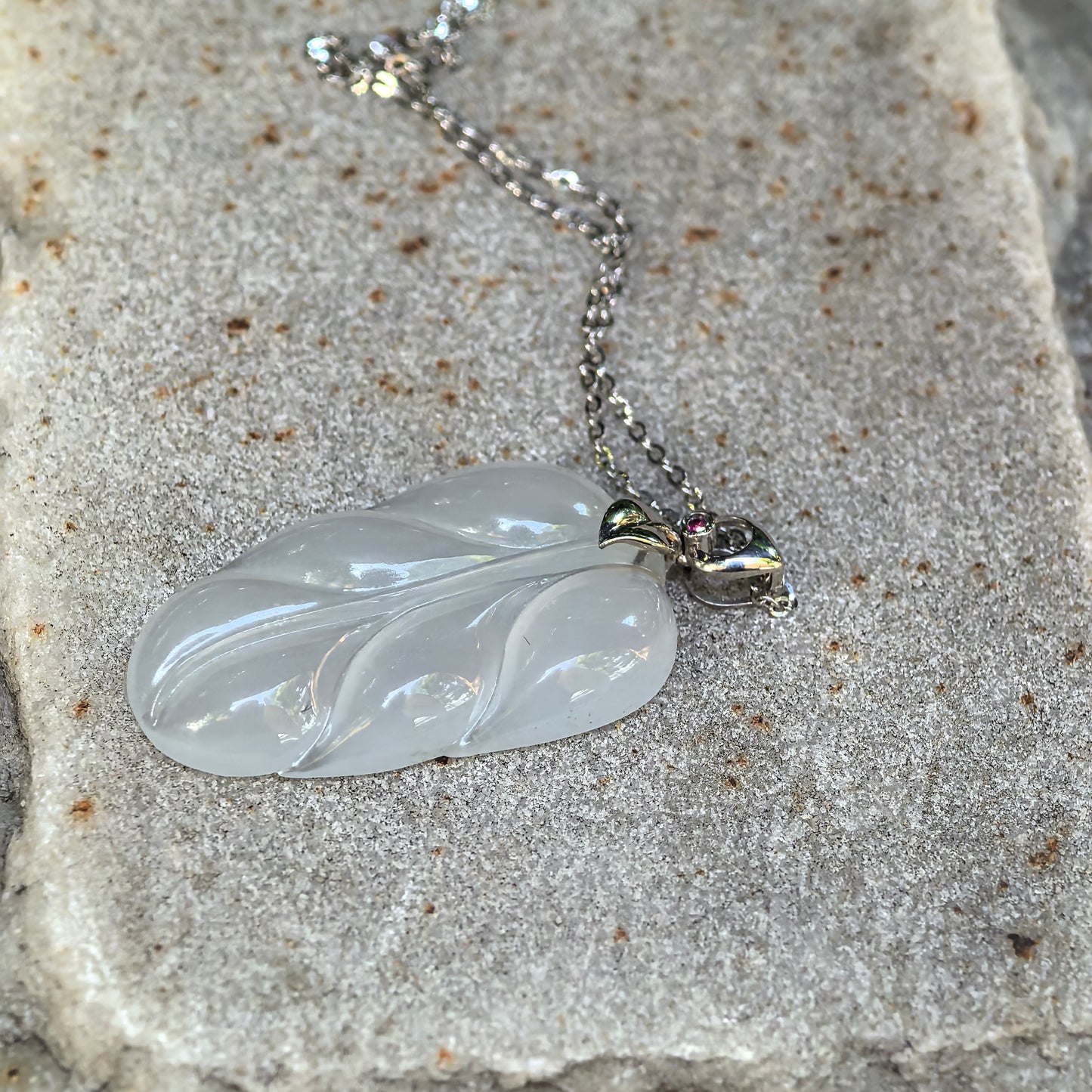 Natural Grade-A Icy White Jadeite Leaf Pendant with 18K Gold · Burmese Jade