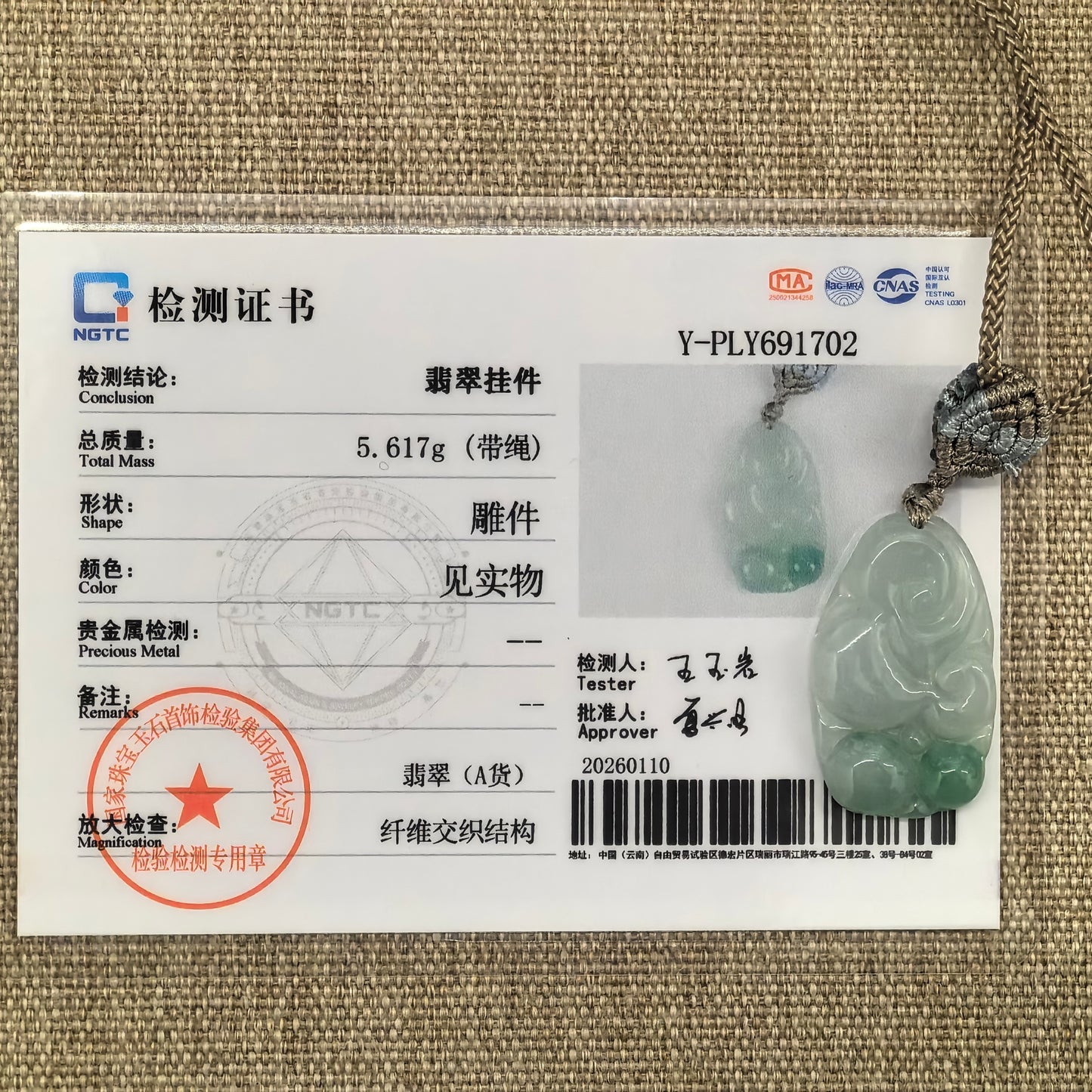 NGTC certified light green Ruyi jadeite pendant shown with its matching certificate.