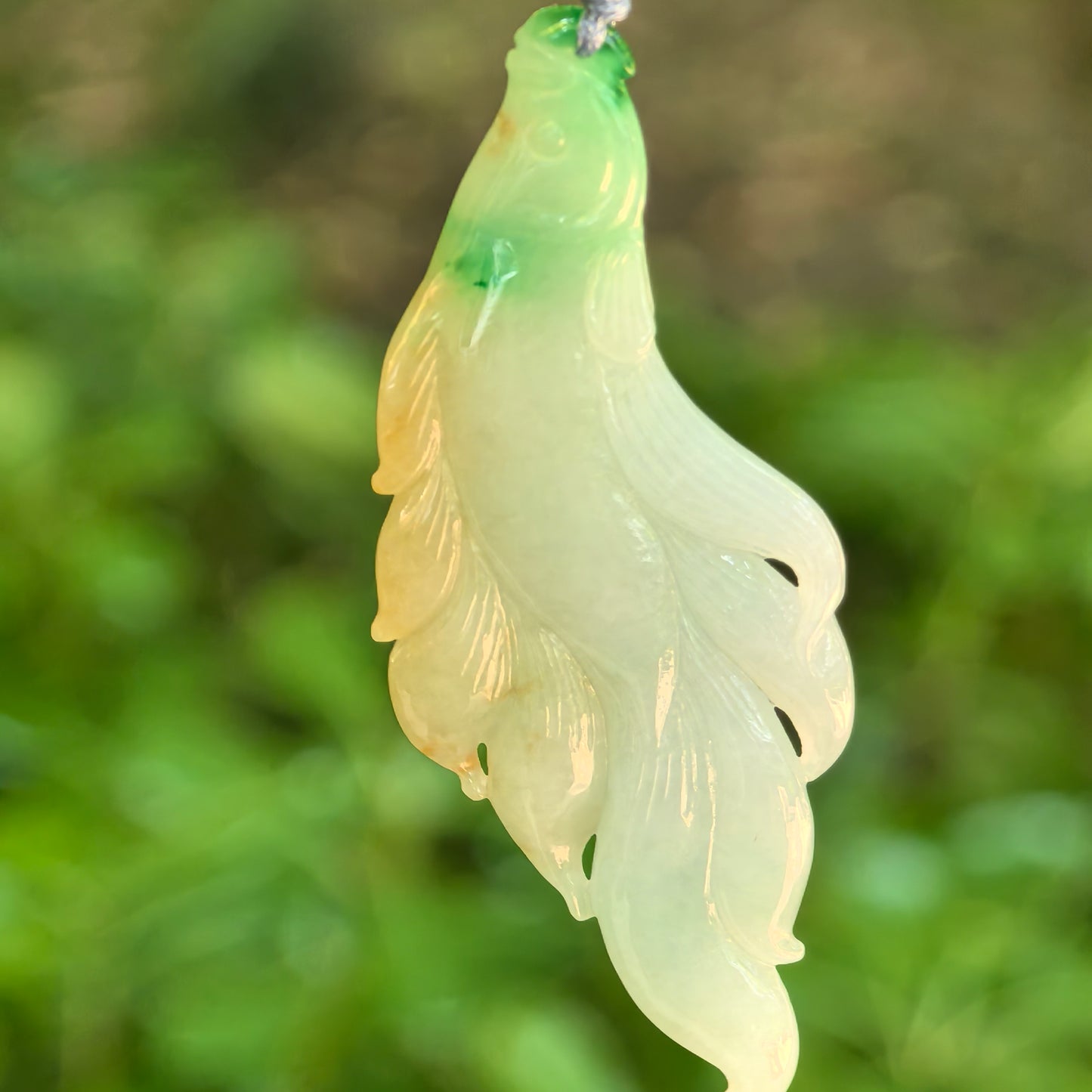 Natural Grade-A glutinous yellow-green jadeite fish pendant hanging in natural light.