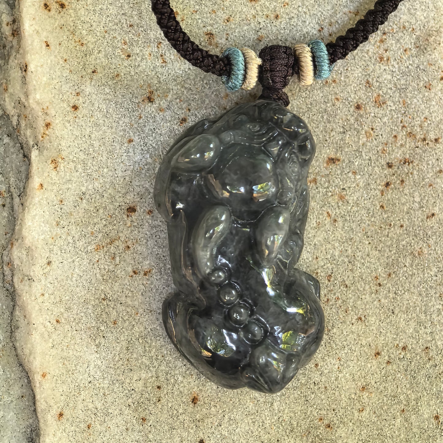 Natural Grade-A Jadeite Glutinous Black Pixiu Pendant · Burmese Jade
