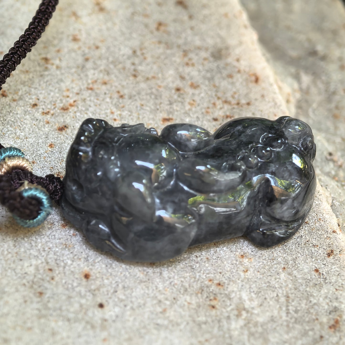 Natural Grade-A Jadeite Glutinous Black Pixiu Pendant · Burmese Jade