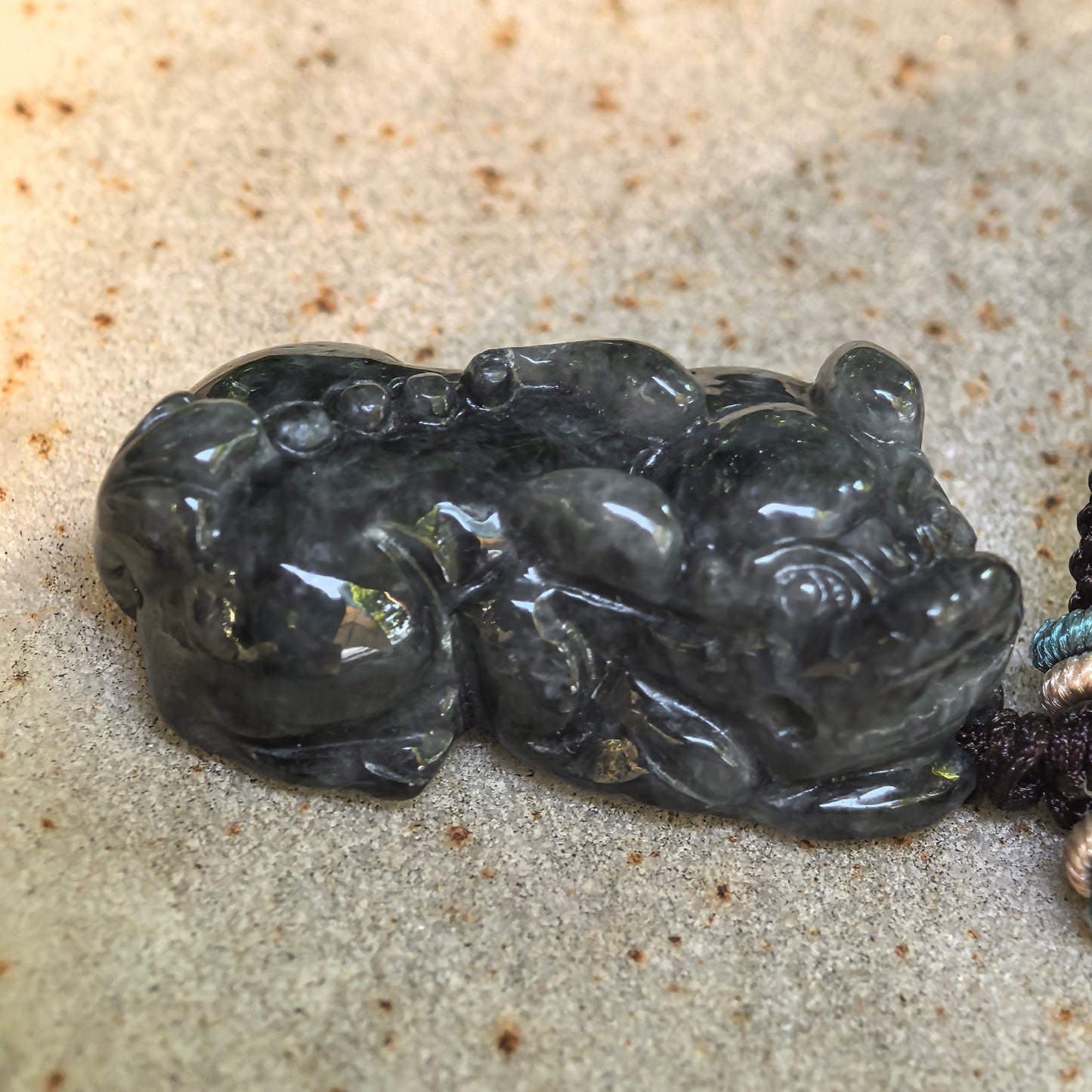 Natural Grade-A Jadeite Glutinous Black Pixiu Pendant · Burmese Jade
