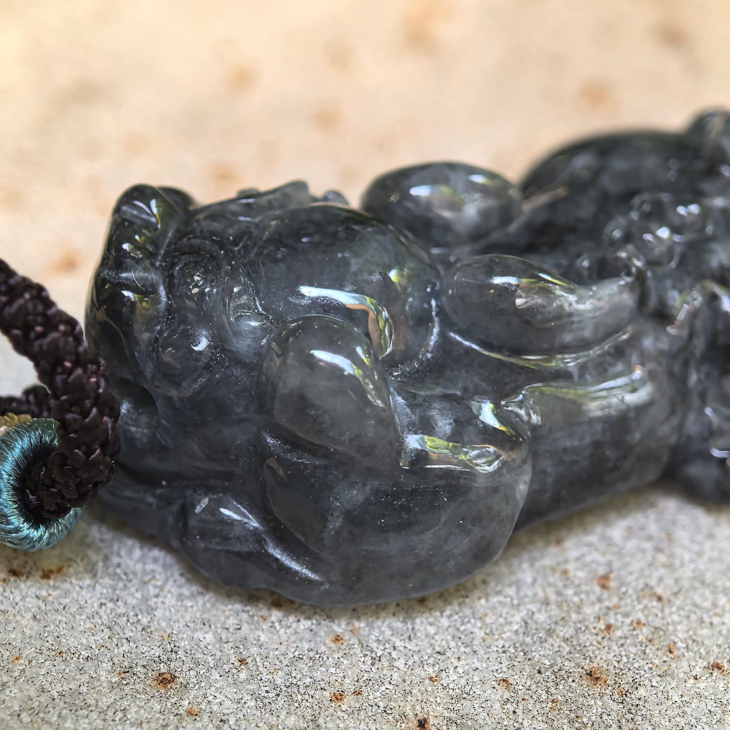 Natural Grade-A Jadeite Glutinous Black Pixiu Pendant · Burmese Jade