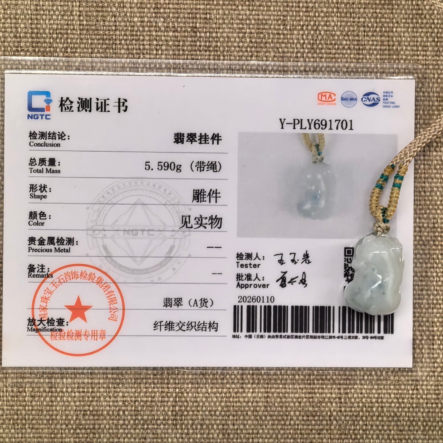 NGTC certified natural Grade-A pig jadeite pendant shown with its matching certificate.

