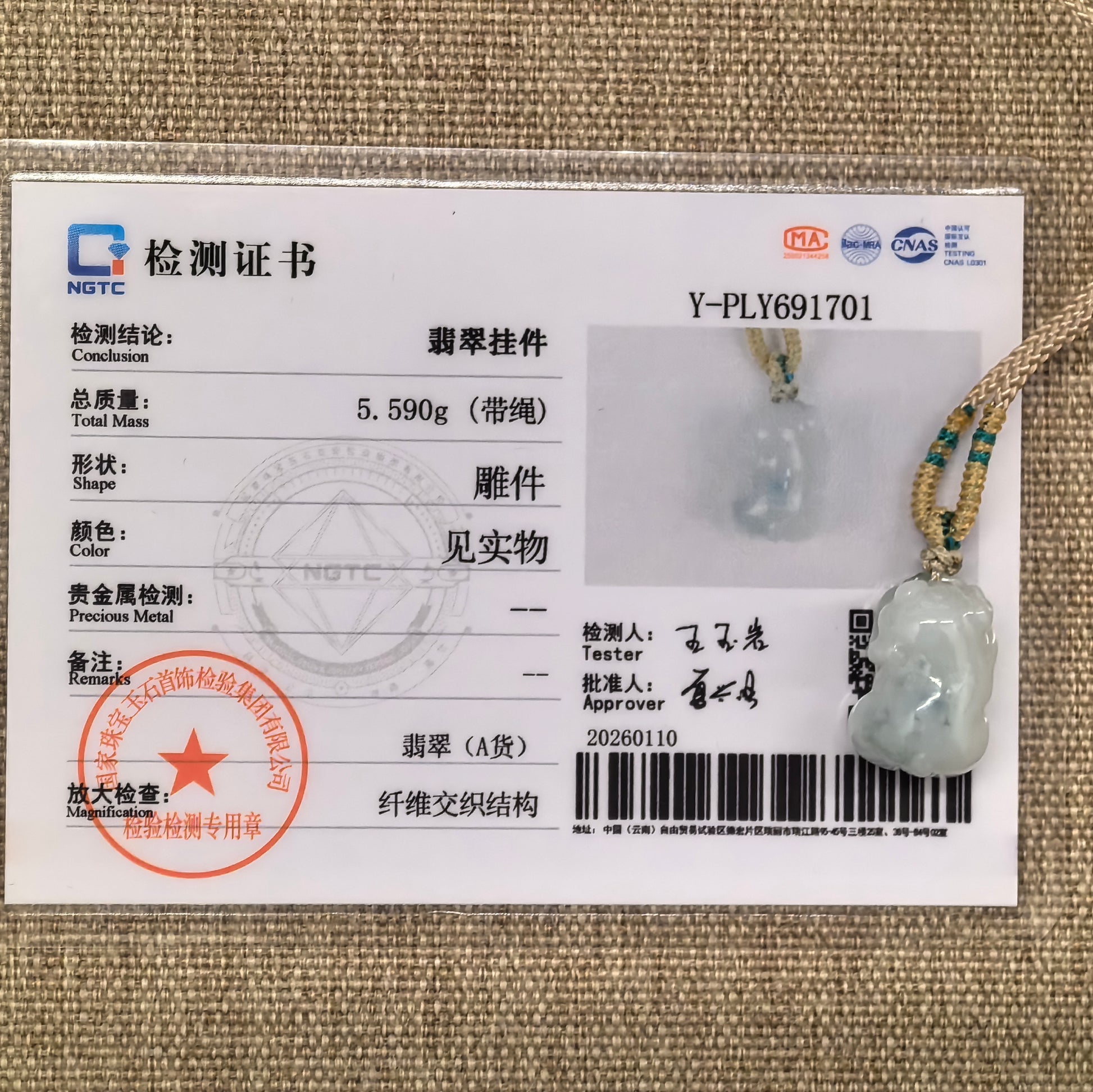 NGTC certified natural Grade-A pig jadeite pendant shown with its matching certificate.

