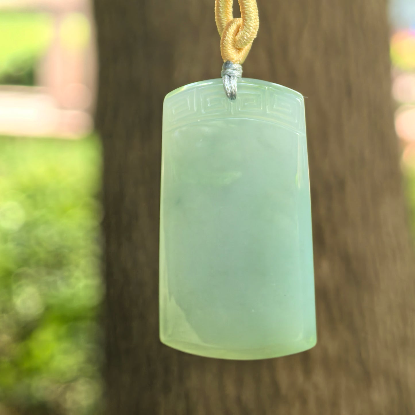 Natural Grade-A fine glutinous lake green plain jade plaque pendant with cord hanging against outdoor background.