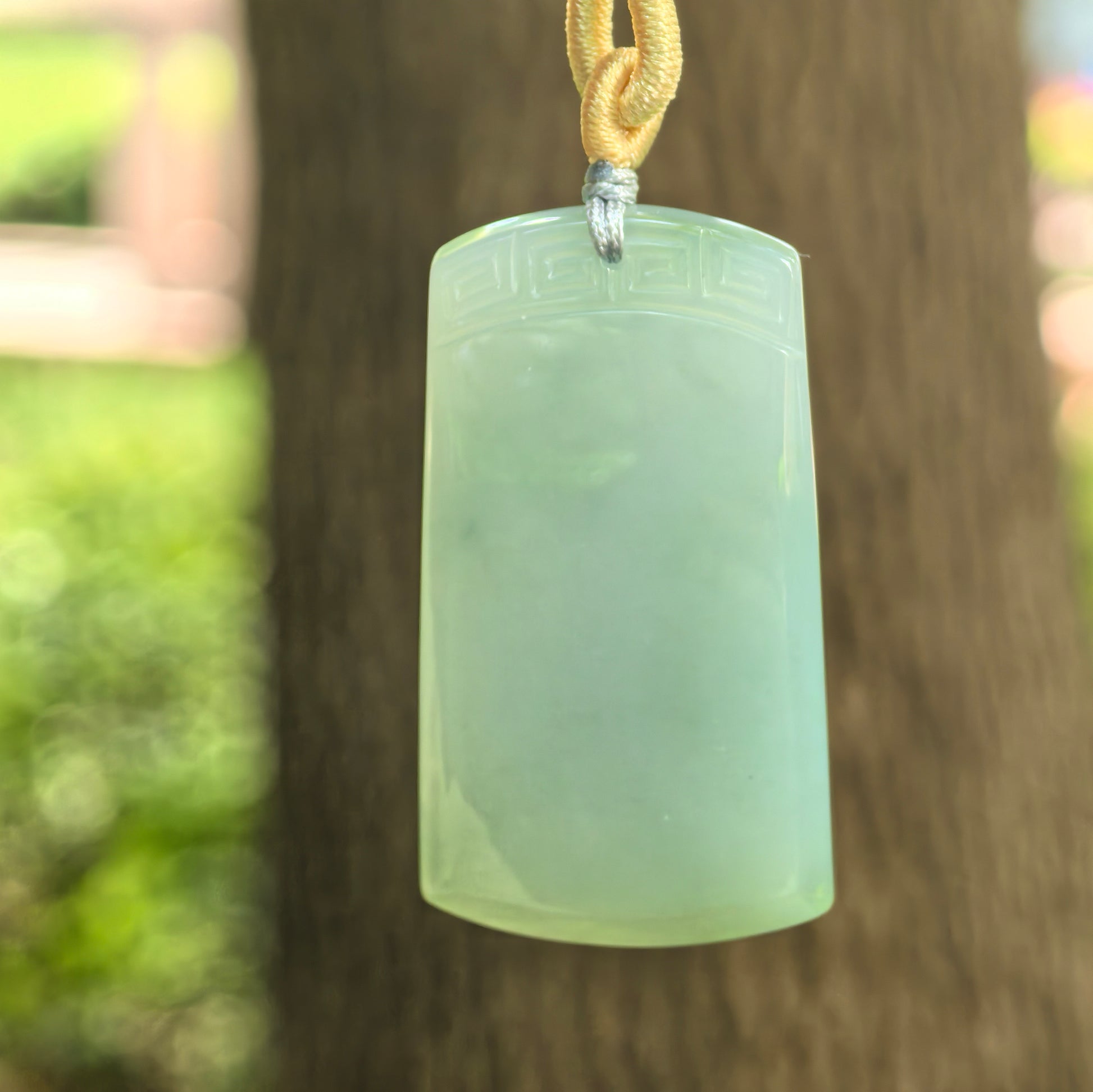 Natural Grade-A fine glutinous lake green plain jade plaque pendant with cord hanging against outdoor background.