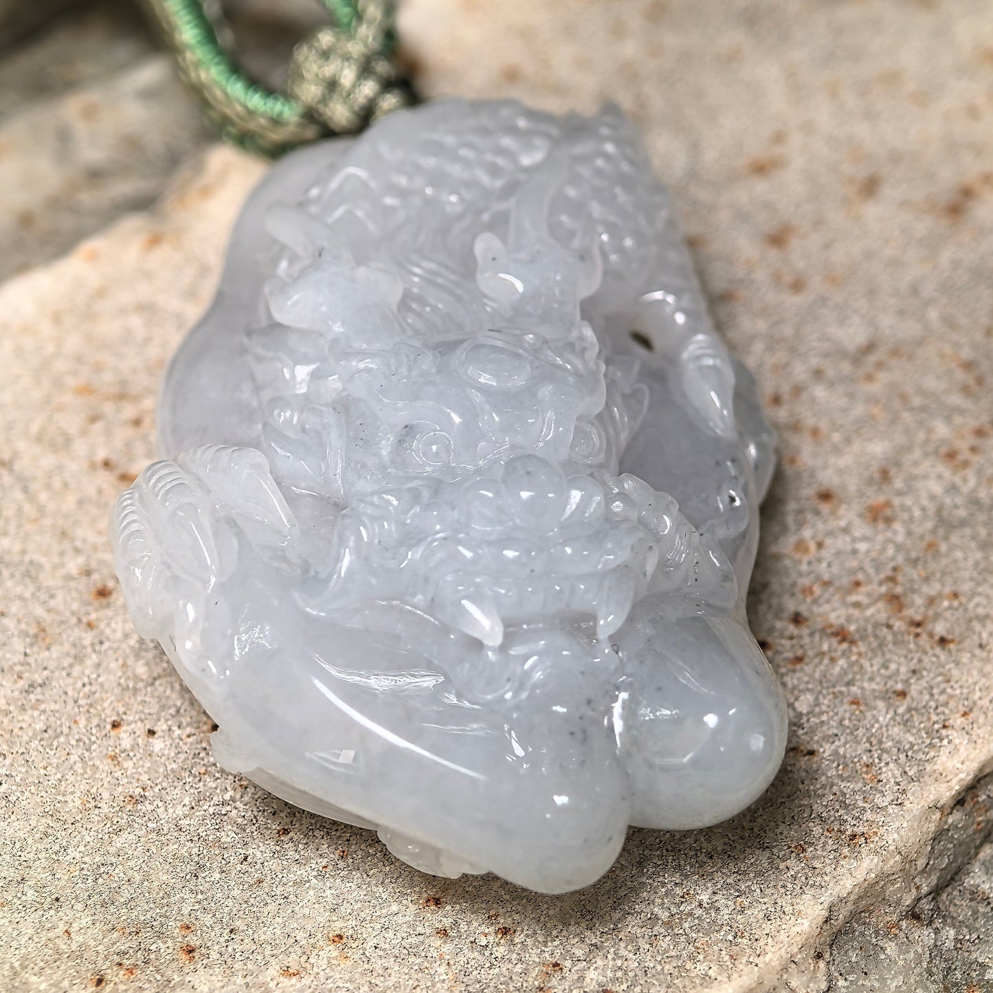 Natural Grade-A Glutinous Pale White Dragon Jadeite Pendant · Burmese Jade