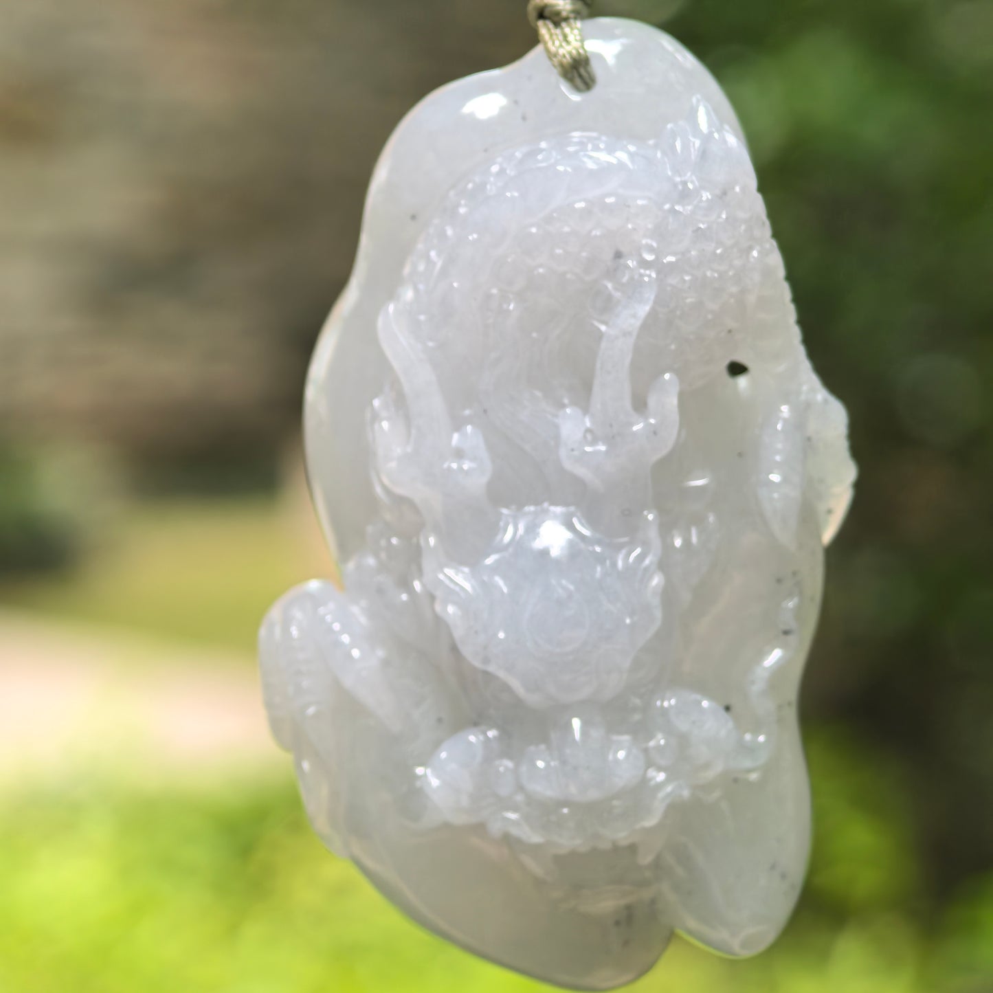 Natural Grade-A Glutinous Pale White Dragon Jadeite Pendant · Burmese Jade