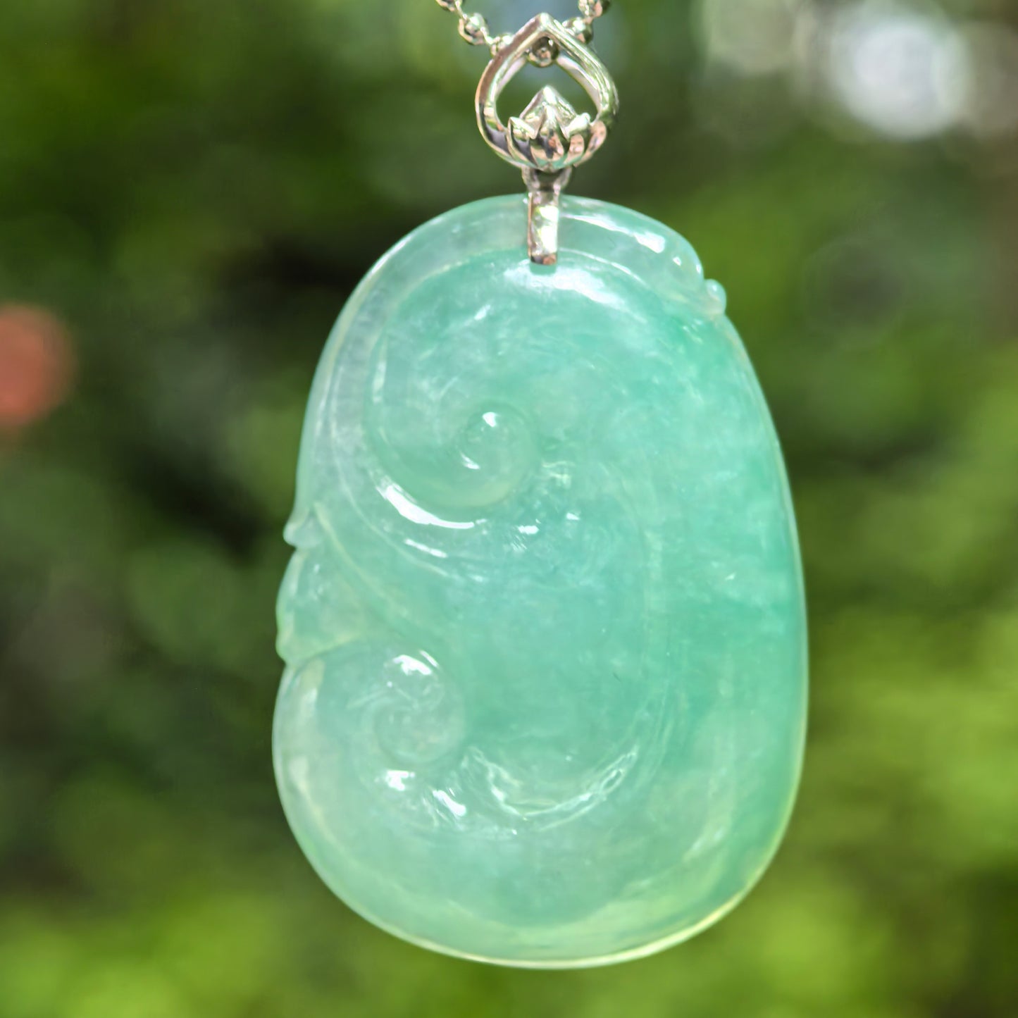 Natural Grade-A Icy Glutinous Apple Green Ruyi Jadeite Pendant · Burmese Jade