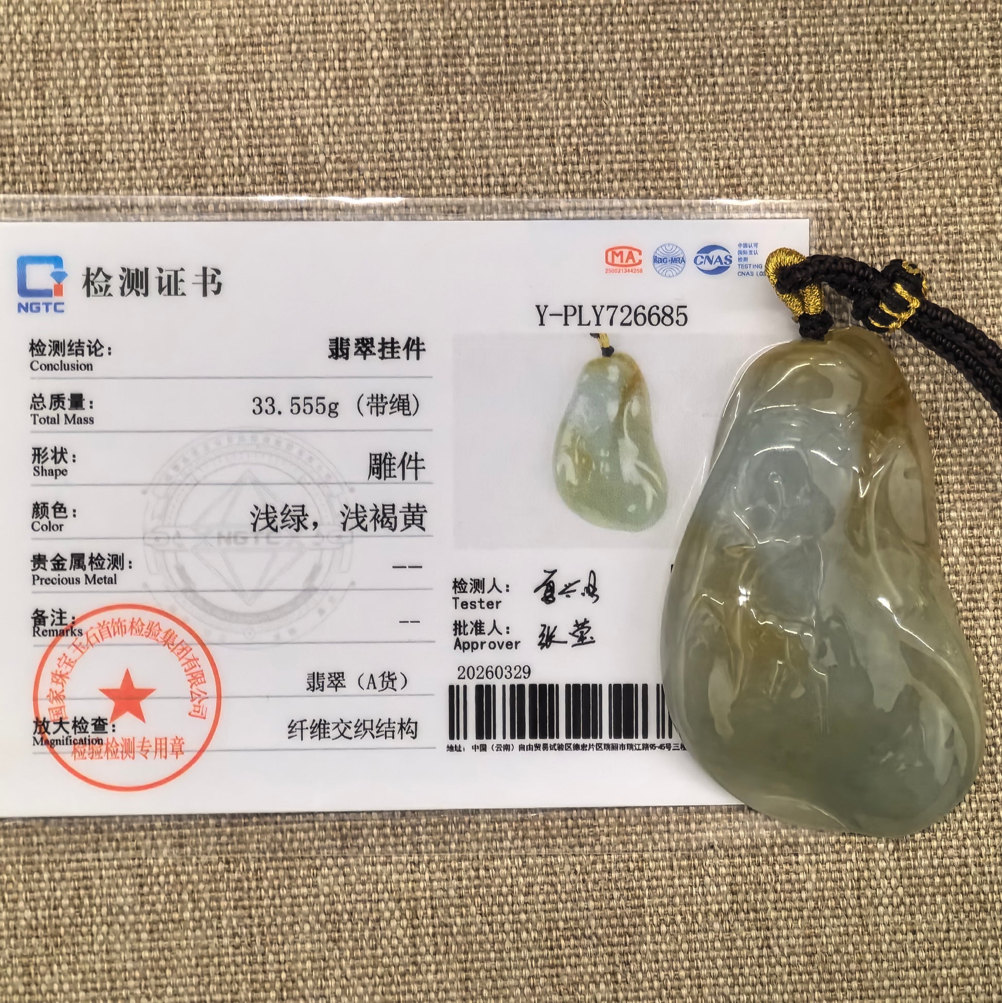 NGTC certified yellow-green deer jadeite pendant shown with matching certificate and cord.
