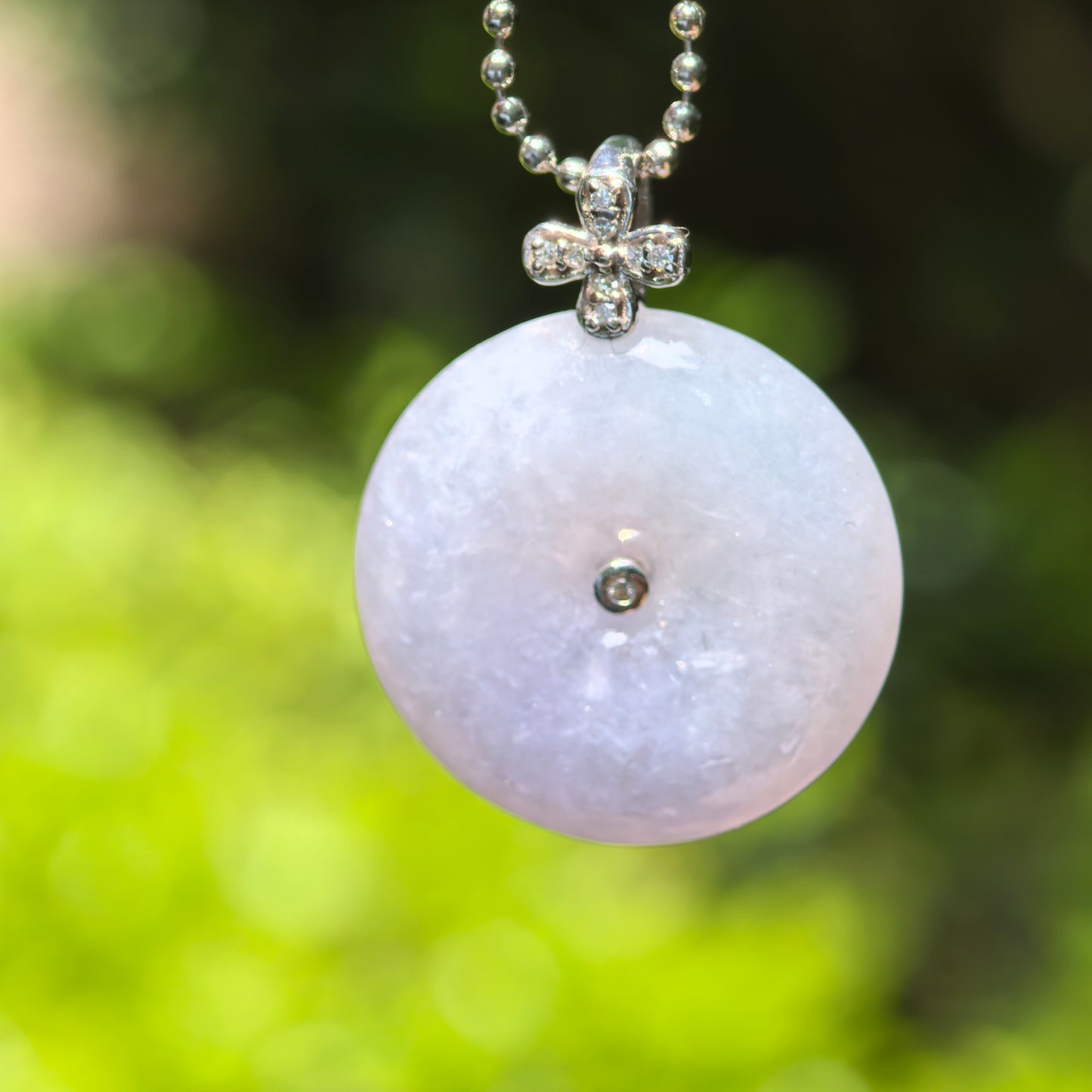 Natural Grade-A Glutinous Light Lavender 18K Gold Peace Pendant Jadeite Pendant · Burmese Jade