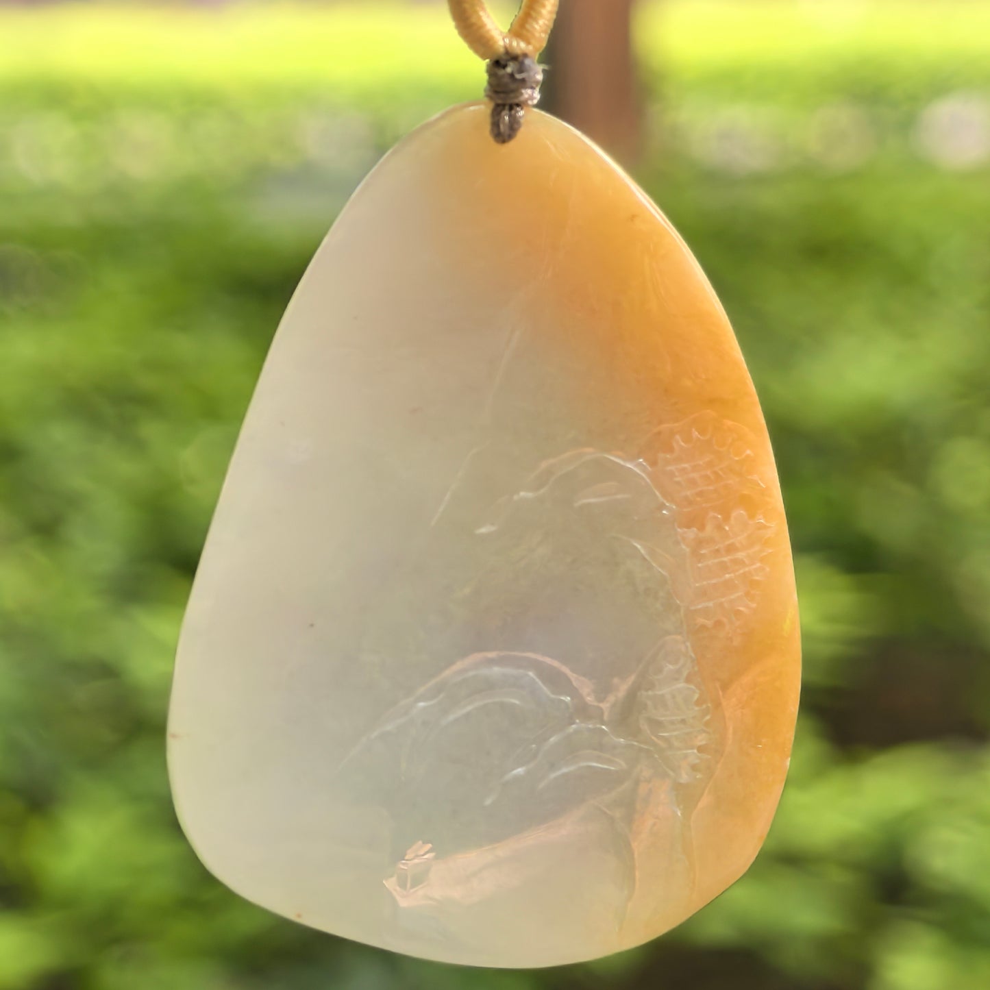 Natural Grade-A Glutinous Yellow-White Landscape Jadeite Pendant · Burmese Jade