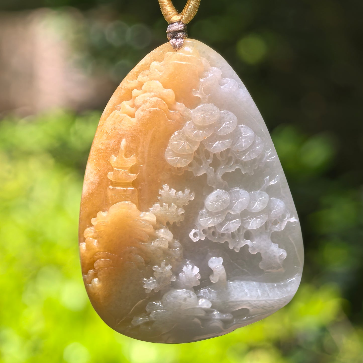 Natural Grade-A Glutinous Yellow-White Landscape Jadeite Pendant · Burmese Jade