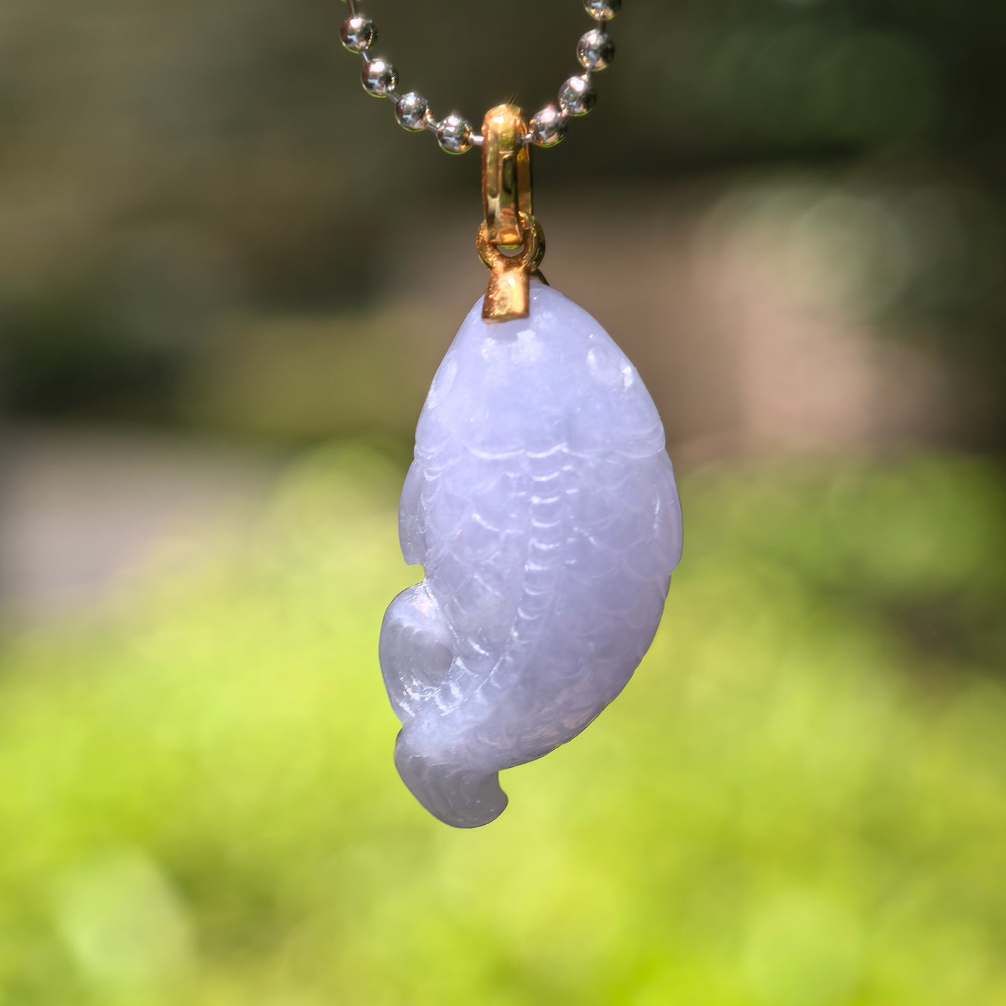 Natural Grade-A Glutinous Lavender Fish Jadeite Pendant · Burmese Jade